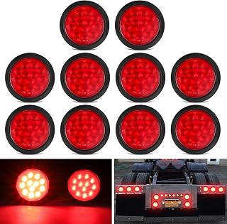 10PCS 4 Inch Round Red LED Trailer Tail Light, 4'' Round 12 Led Stop Brake Turn Tail Lights for Truck Semi Trailer RV Jeep, w/Rubber Grommets and 3-Prong Wire Pigtails IP67 Waterproof