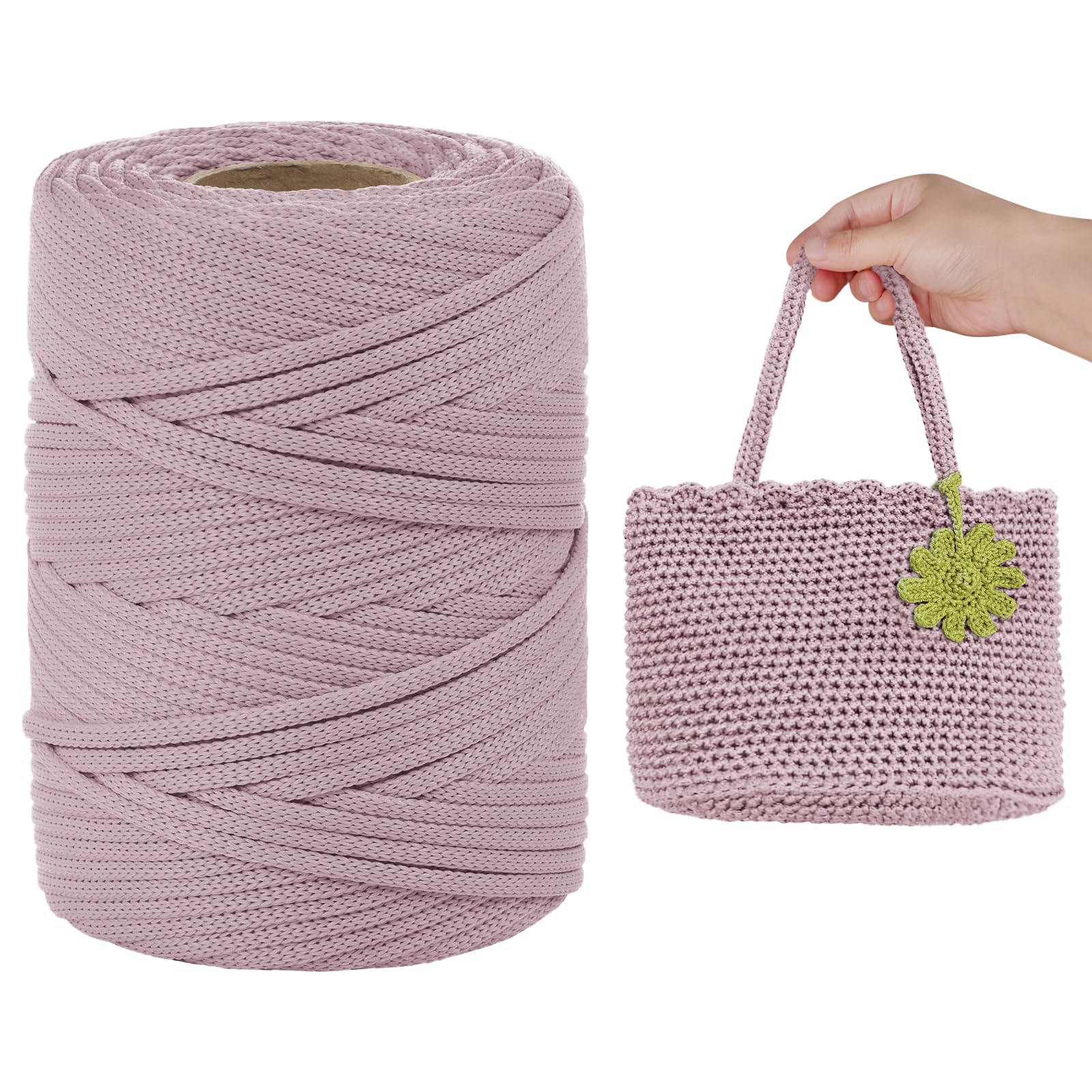 LEREATI Polyester Cord, Polyester Macrame Cord 3mm x 90m Flat Macrame Rope Crochet Polypropylene Cord Polyester Yarn for Crocheting, DIY Bags, Hats, Shoes (Vintage Pink)