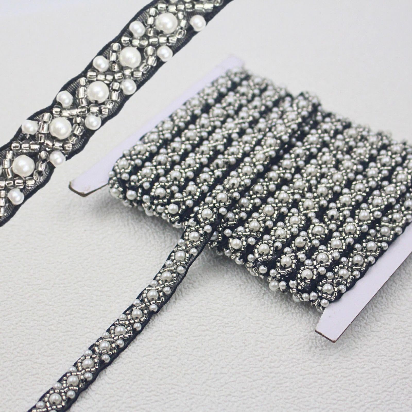 PEARLY JUN 2 Yards White Black Pearl Beaded Trim Bead Lace Ribbon Border