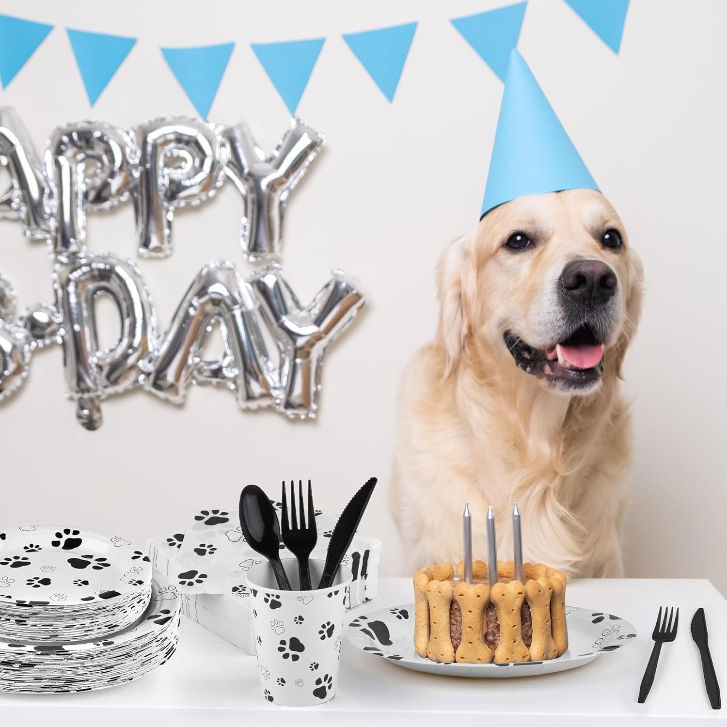 400 Pieces Black Paw Disposable Party Tableware Sets Dog Puppy Supplies Including Plates Cups Napkins Cutlery Serves 50 for Birthday Puppy Theme Party Decorations