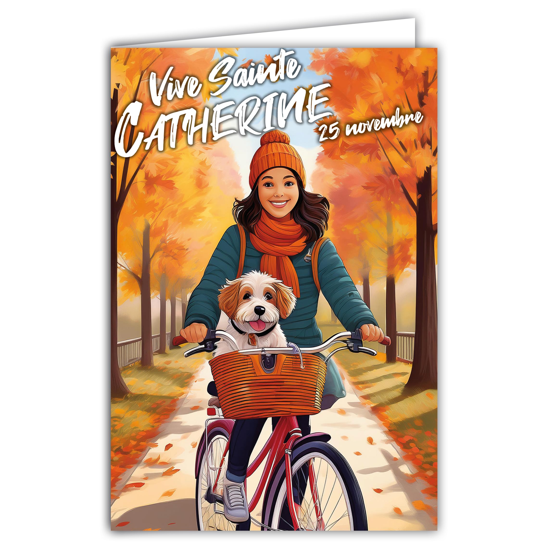 68-1341 Vive Saint Catherine 25 November Wish Happy Birthday to a Young Girl Woman Who Loves Cycling with Her Dog – With White Envelope Size 12 x 17 cm French Fab