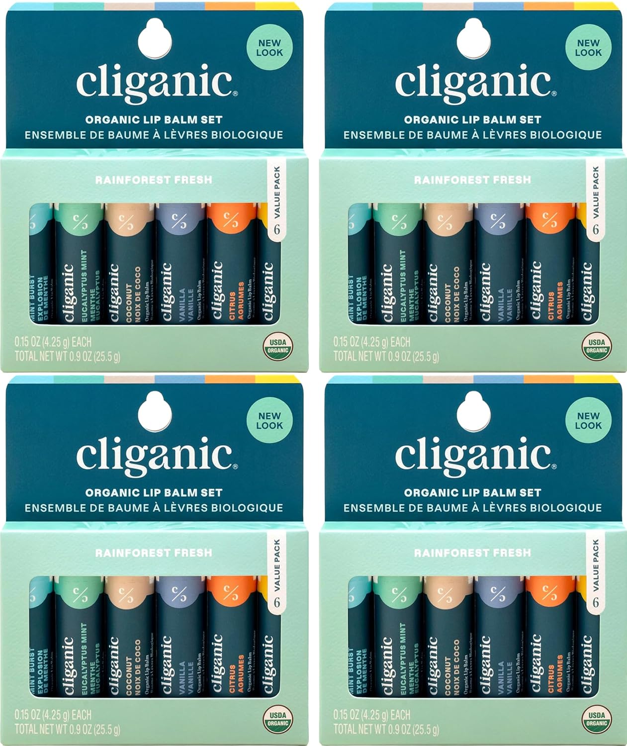 Cliganic Organic Lip Balm Set (4 Packs of 6 Tubes), 100% Natural Moisturizer for Cracked & Dry Lips