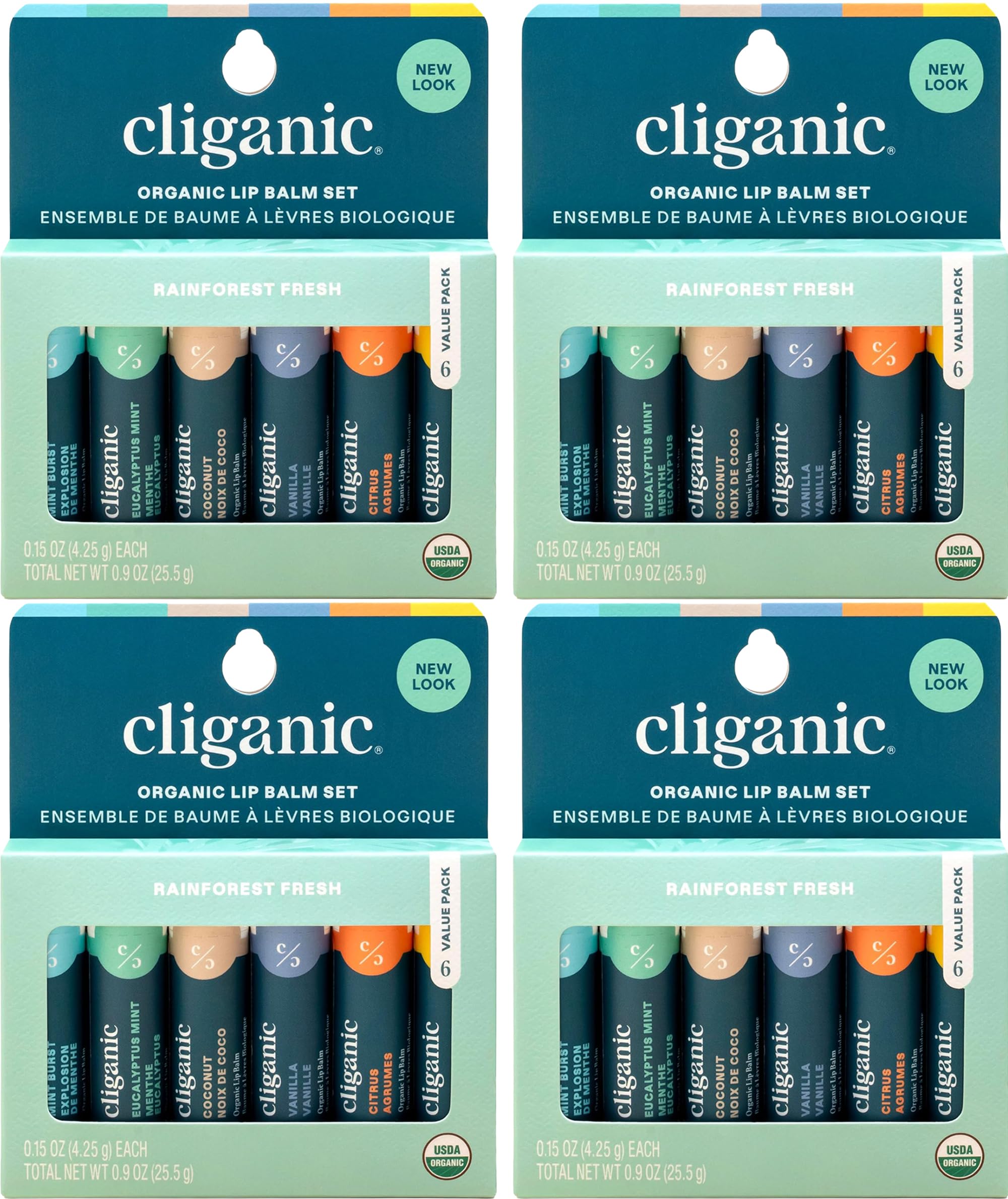 Cliganic Organic Lip Balm Set 4 Packs of 6 Tubes 100 Natural Moisturizer for Cracked Dry Lips