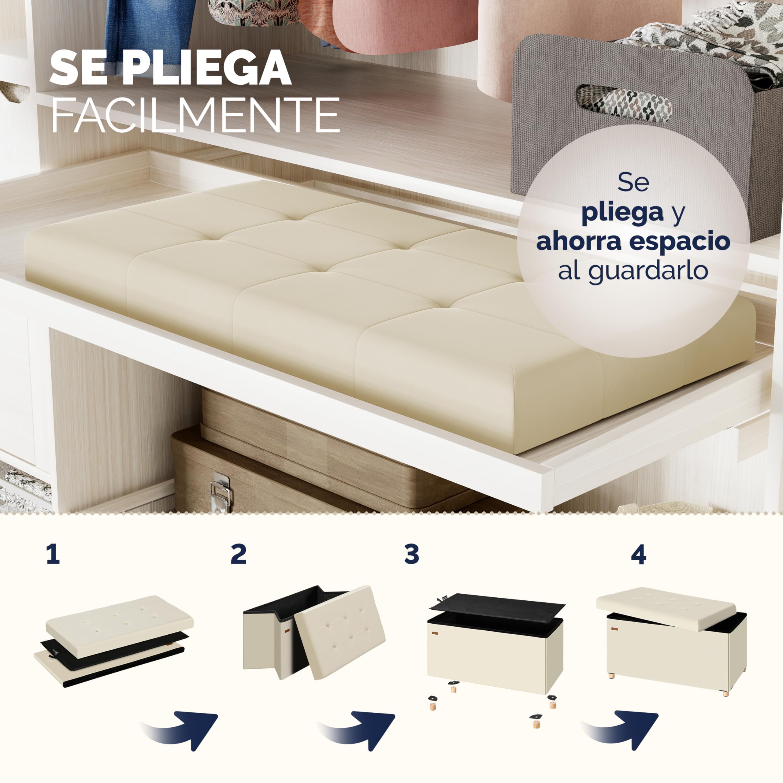 CASARIA® Banco Almacenaje Terciopelo Puff Plegable Capacidad Carga hasta 300kg Resistente 38x76x42cm Patas Madera Reposapies Salon Dormitorio Otomana Beige