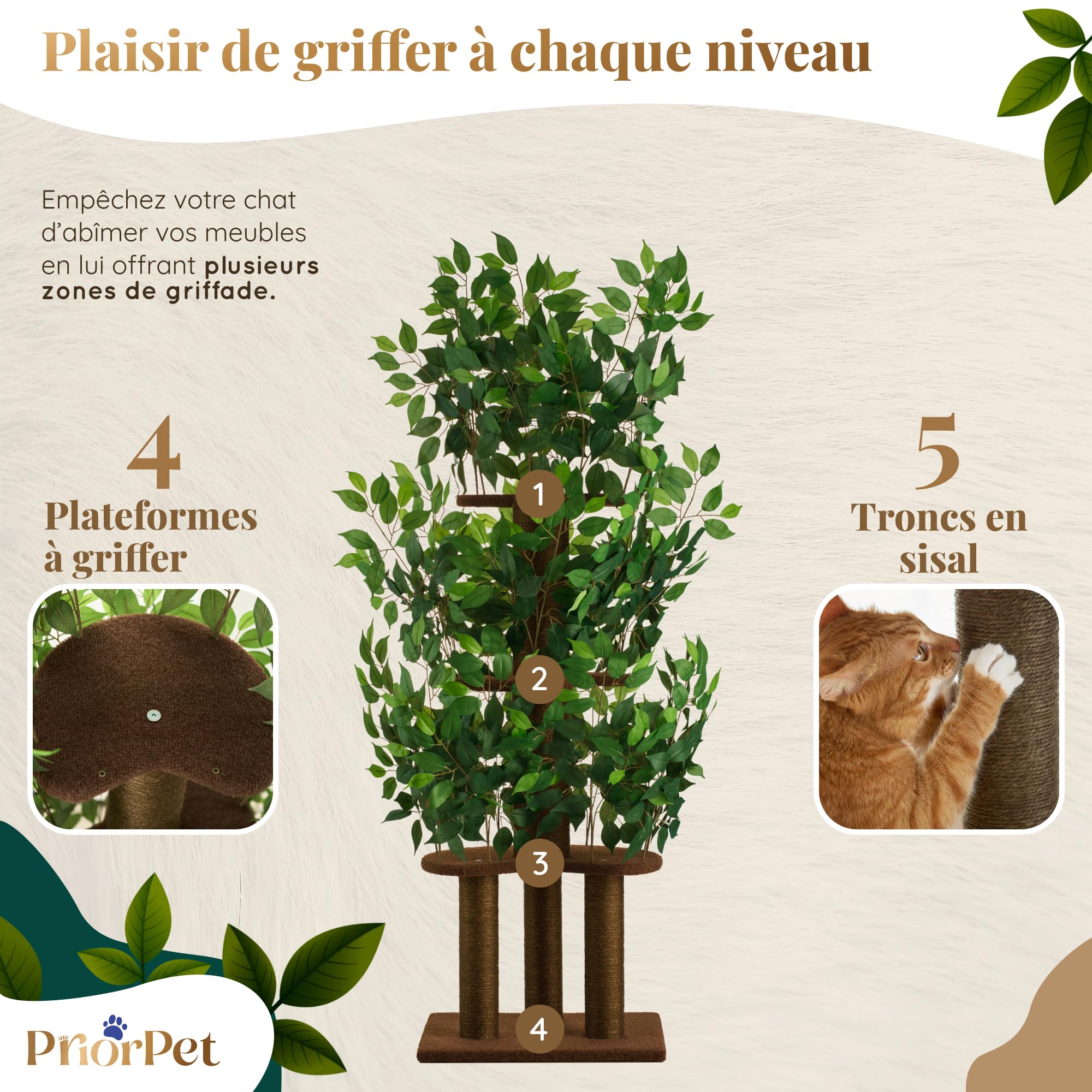 Arbre à chat 4 niveaux et 3 piliers à gratter Montage facile Stable et peu encombrant