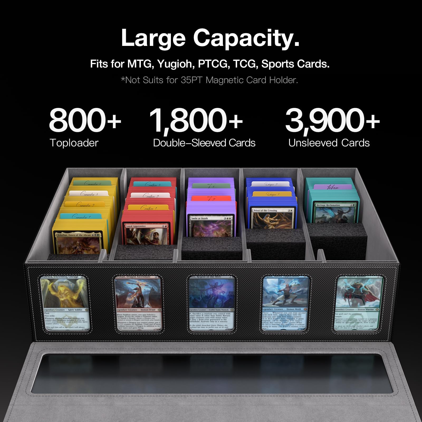 Kartenkoffer für Trading Cards mit Griff & mechanischem Drehverschluss, 5-reihige Box für 3900+ Karten, versiegeltes Sichtfenster, Deck Box Toploader Organizer für MTG Sportkarten (Schwarz, 5 Reihen)