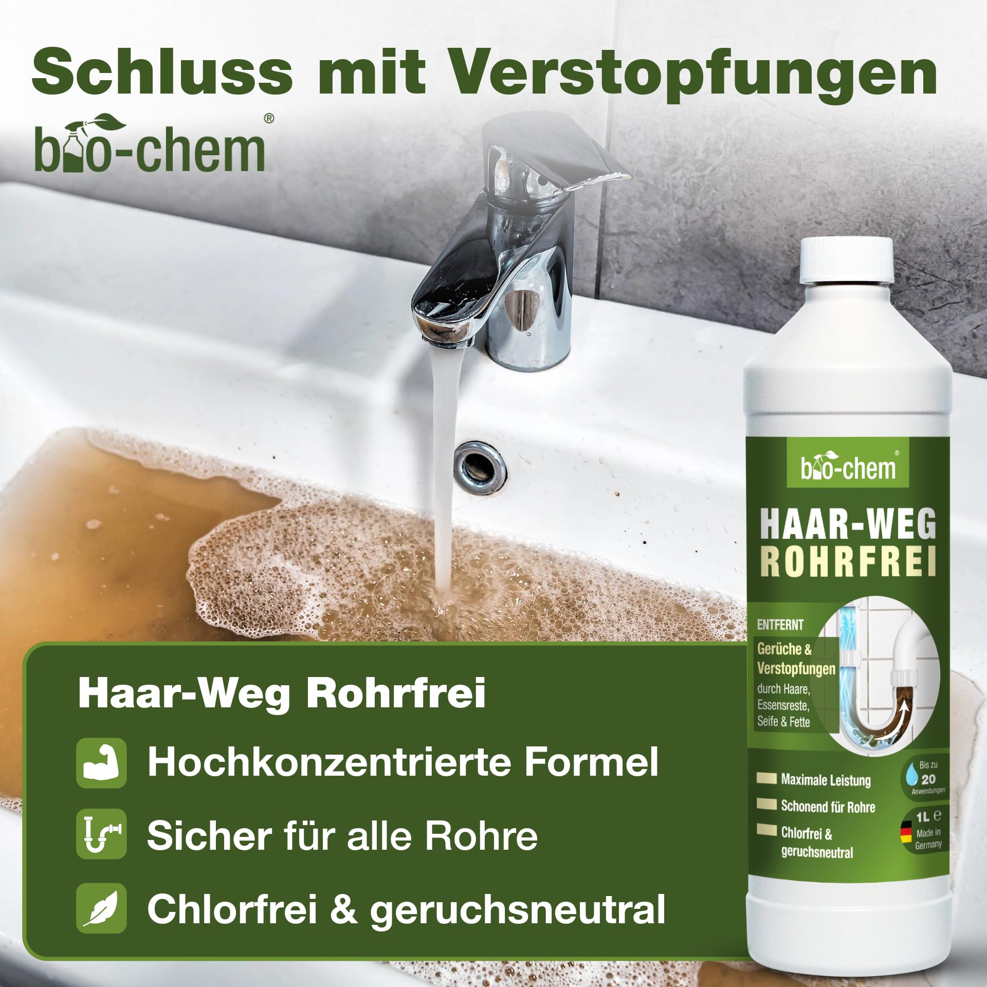 bio-chem Badreiniger Set 6-teilig für Bad, Dusche & WC | Mit Haar-Weg, Urinsteinentferner, Sanitärreiniger, Bimsstein und Tüchern | Abflussreiniger, Kalksteinreiniger, Badreiniger