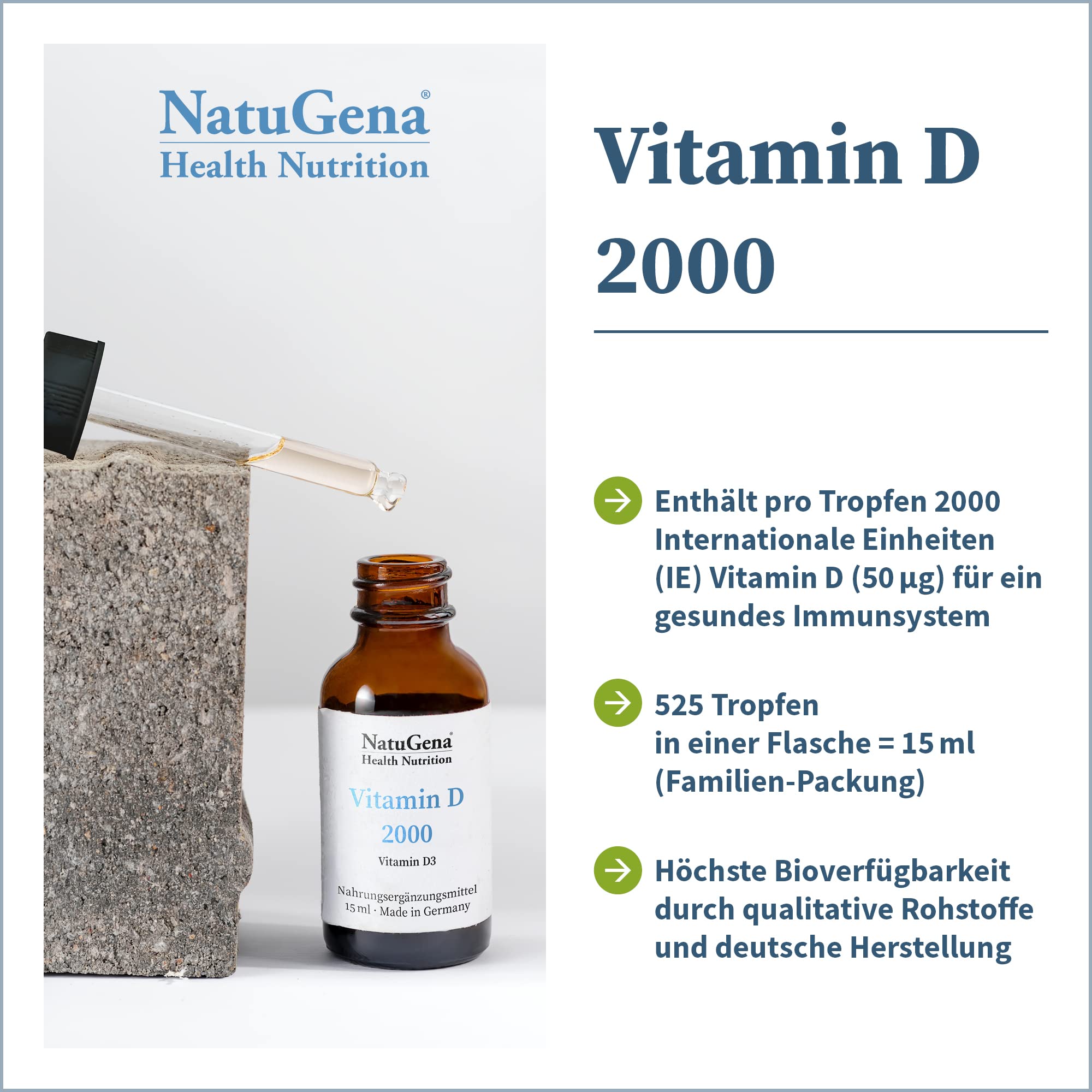 NatuGena Vitamin D, Höchste Bioverfügbarkeit, 3x15 ml, 3x 525Tropfen, 1 Tropfen alle 2 Tage Familienpackung 3er Pack (3)