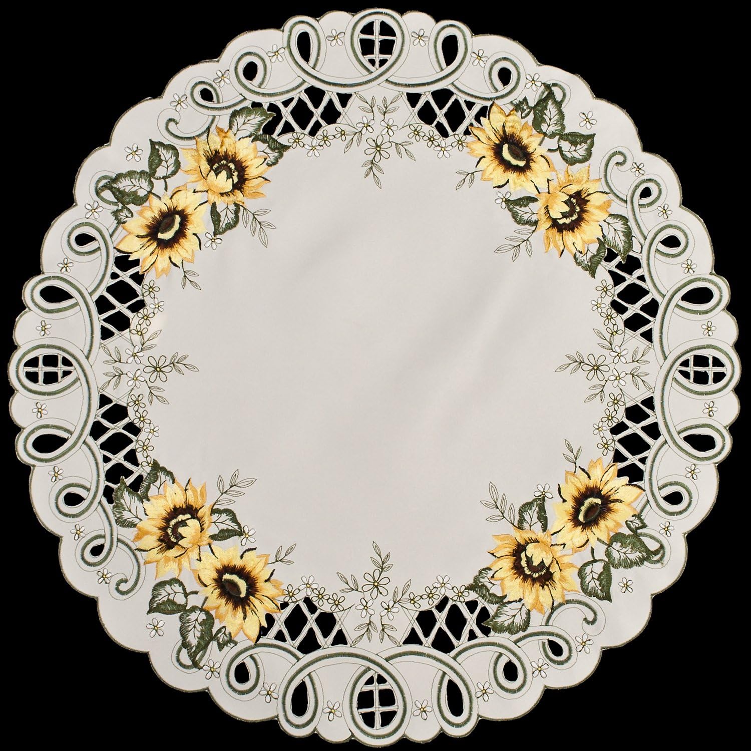 Embroidered Sunflower Large Round Doily, Small Table Centerpiece (23 Inch Round)