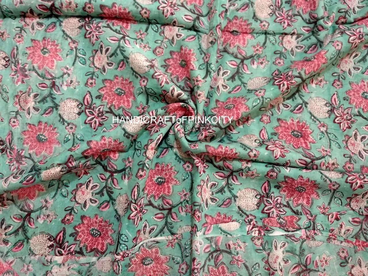 HANDICRAFTOFPINKCITY Indian Handmade Floral Print Cotton Fabric 5 Yard Hand Block Print Voile Fabric Sanganeri Sawing Craft Fabric