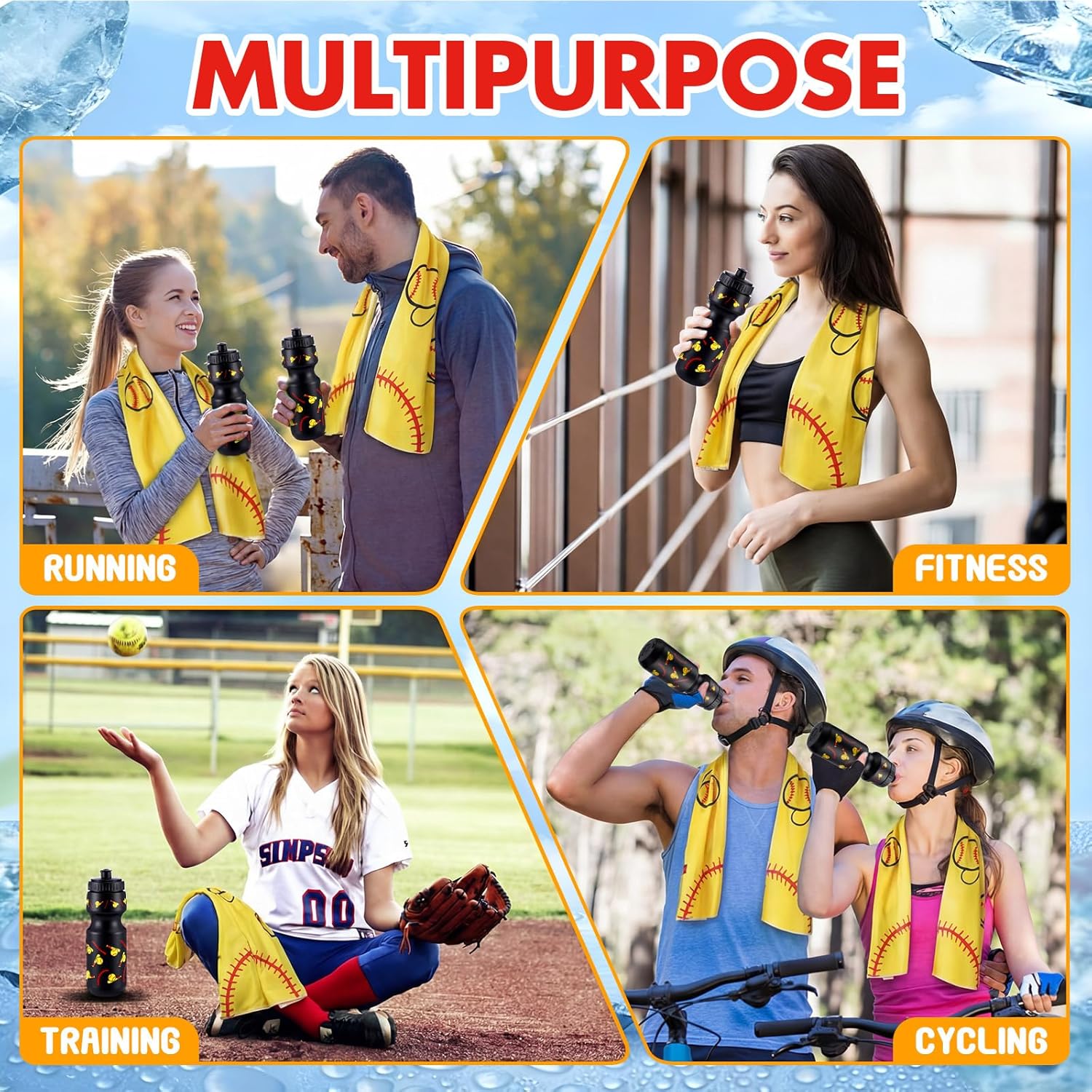 24 Pcs Sports Water Bottle Bulk Cooling Towel Set Include 12 Softball Water Bottle 12 40"x12" Cooling Towels Sports Themed Accessories for Soccer Team Gift Events Party Players Lovers Coach Training