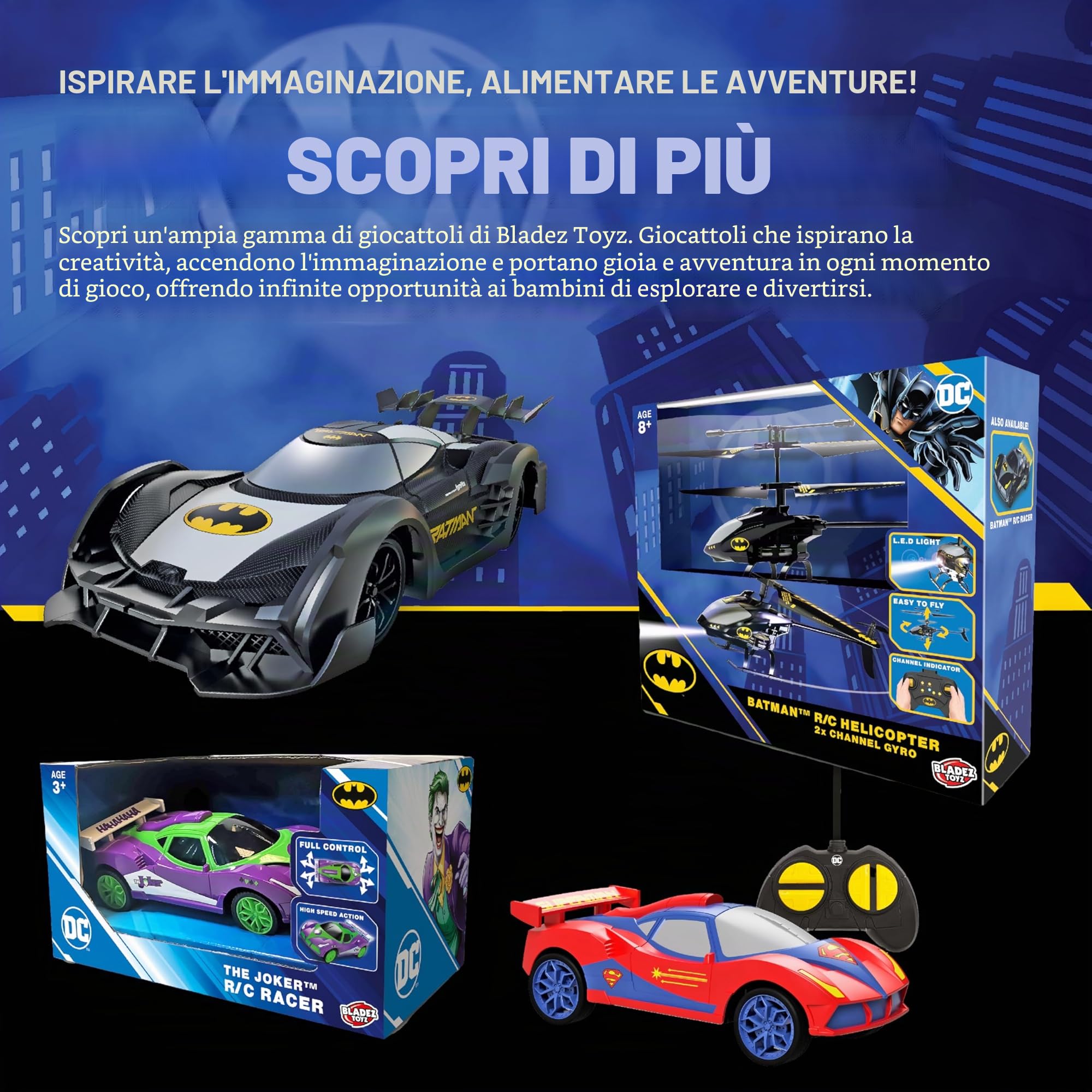BLADEZ Elicottero Batman R/C 2 canali Gyro Batman, DC Comics, RC 2 canali con controllo giroscopico, facile da volare con luci, anti-collisione, giocattolo con licenza per bambini, Toyz