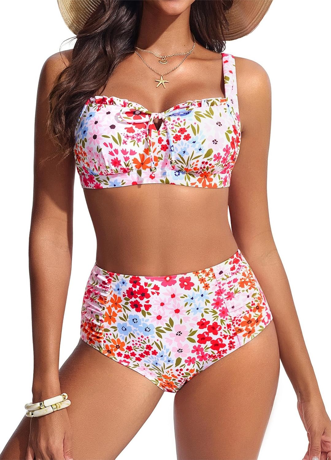 Hanna Nikole Modest Swimsuits for Women High Waisted Bikini Sets Tummy Control Tie Cut-Out Bathing Suits