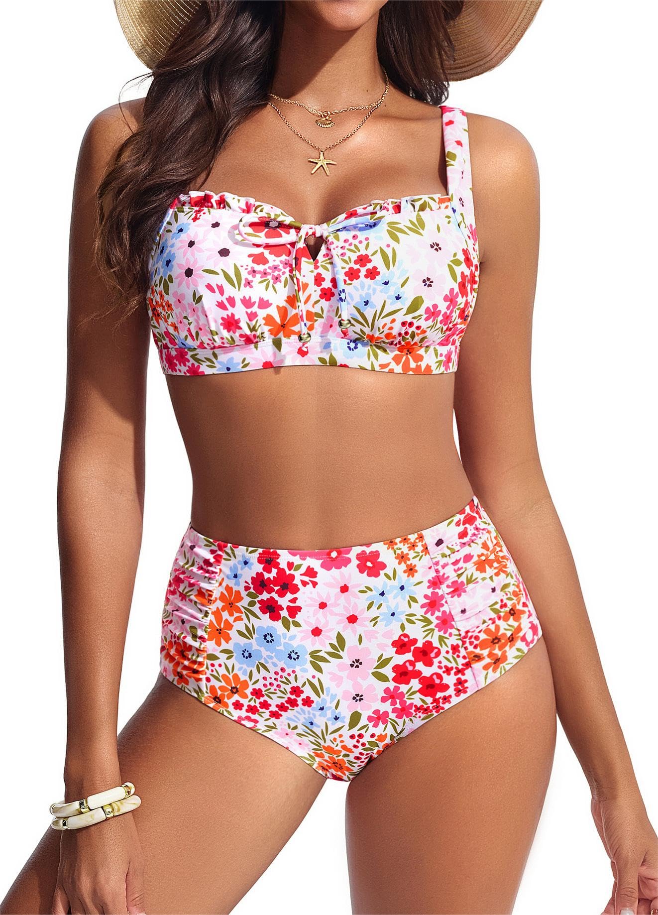 Hanna Nikole Modest Swimsuits for Women High Waisted Bikini Sets Tummy Control Tie Cut-Out Bathing Suits