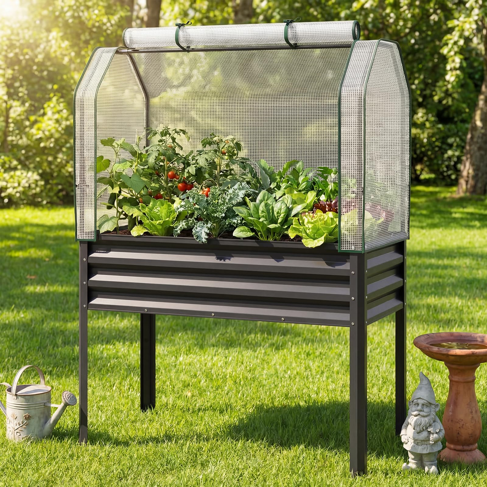 COSTWAY Orto Rialzato da Esterno con Serra, Fioriera Rialzata con Copertura in PE, Porta Avvolgibile con Cerniera e Guanti, Aiuola Rialzata per Verdure, Fiori e Frutta, 112 x 55 x 152 cm (Grigio)