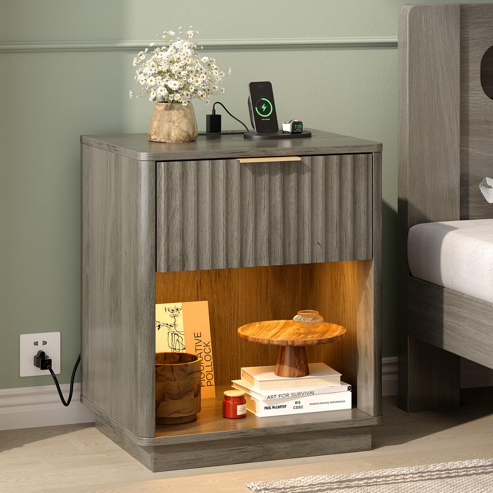 VINGLI Night Stand with Charging Station &amp; Led Light, 19" W Fluted Nightstand Round Edge, Wood Nightstand Mid Century Modern End Table, Bed Side Table for Bedroom, Living Room, Gray Oak