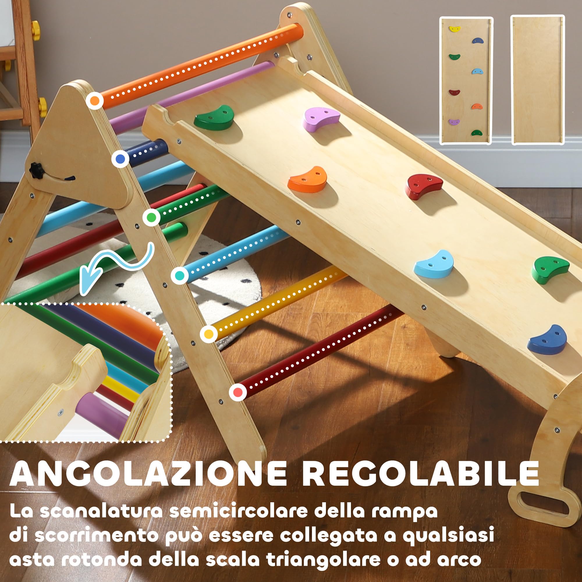 AIYAPLAY Gioco da Arrampicata 5 in 1 per 18-48 Mesi 178x64.5cm Multicolore | Gioco per Bambini, Pino Massello, Triangolo, Arco Montessori, Rampa con Pietre, Carico Massimo 50 kg