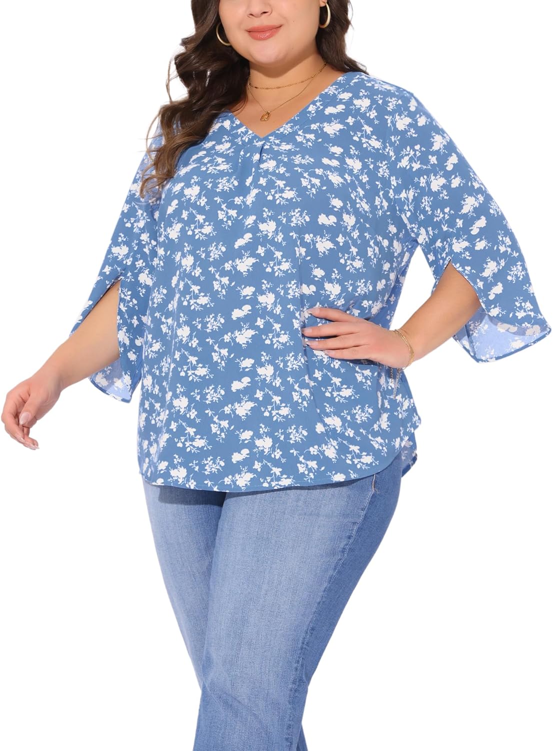 Agnes Orinda Plus Size Spring Tops for Women 3/4 Sleeve V Neck Chiffon Work Dressy Casual Shirt - Image 2