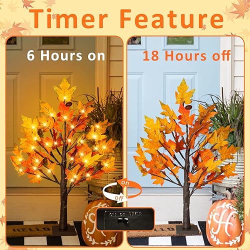 Miniatura 4 de Remon Árbol de arce iluminado de 2 pies, árbol artificial de otoño, decoración de Acción de Gracias, lámpara de mesa con 36 luces LED, hojas de arce