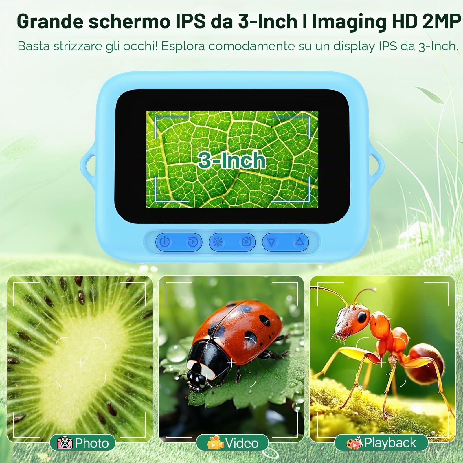 Microscopio portatile digitale per bambini: schermo HD 3 pollici 32GB 1000X magnifica fotocamera registrazione video kit educativo
