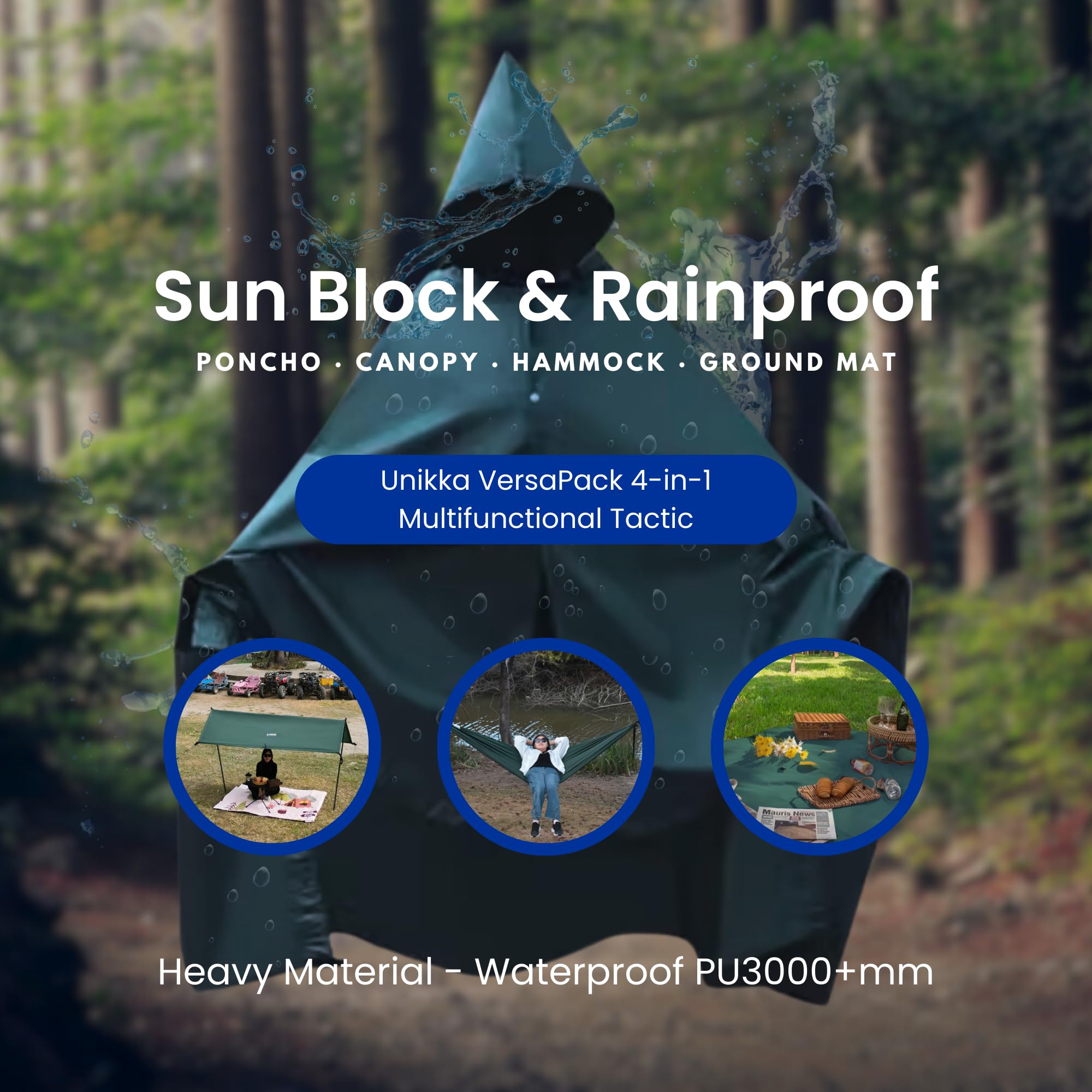 VersaPack Poncho de pluie multifonction 4 en 1, hamac, auvent, tapis de sol pour l'extérieur, le camping, la randonnée