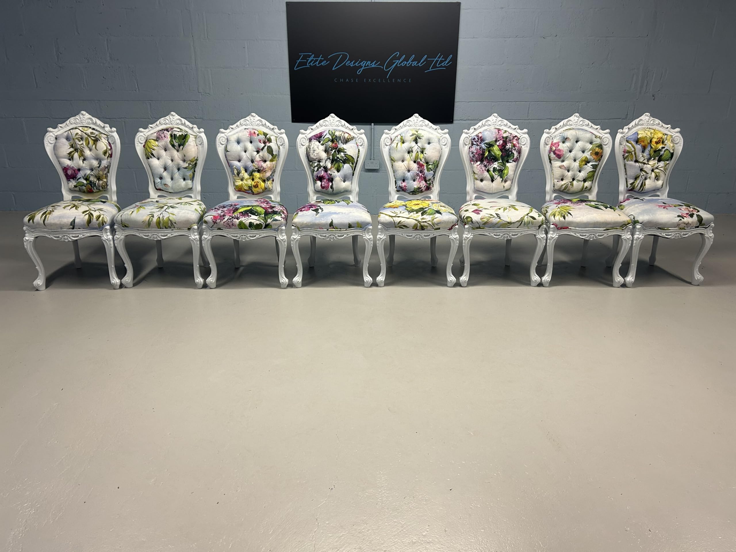 Elite Designs Global Ltd. Set of 8 Elite Art Deco Exclusive Designers Guild Caprifoglio grande and sky Fabric & Moonstone colour dining chairs professionally hand finished.