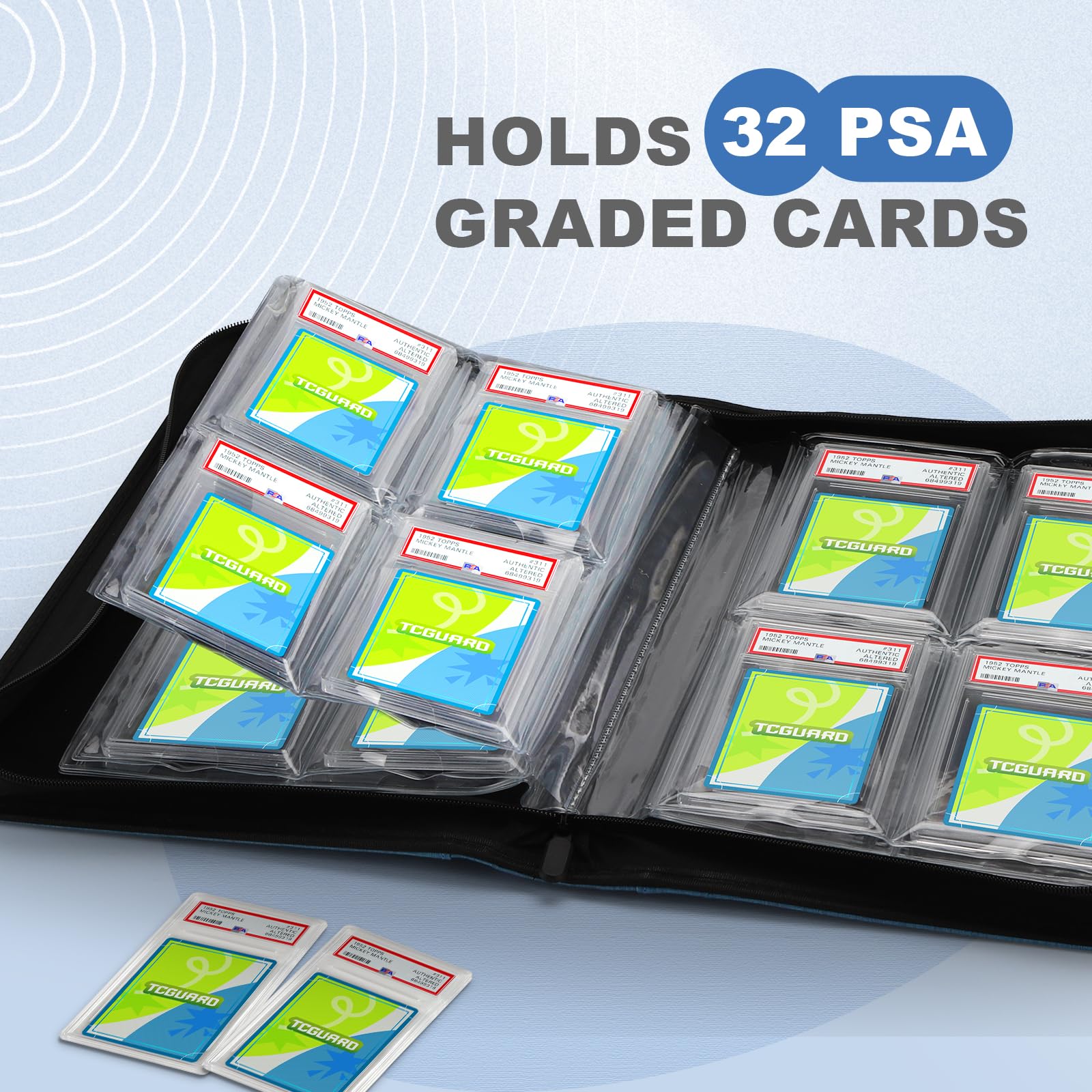TCGUARD Fundas de cartón graduadas para tarjetas en formato PSA y similares con fundas, con capacidad para 32 tarjetas PSA, carpeta de colección premium de 4 fundas para tarjetas, azul