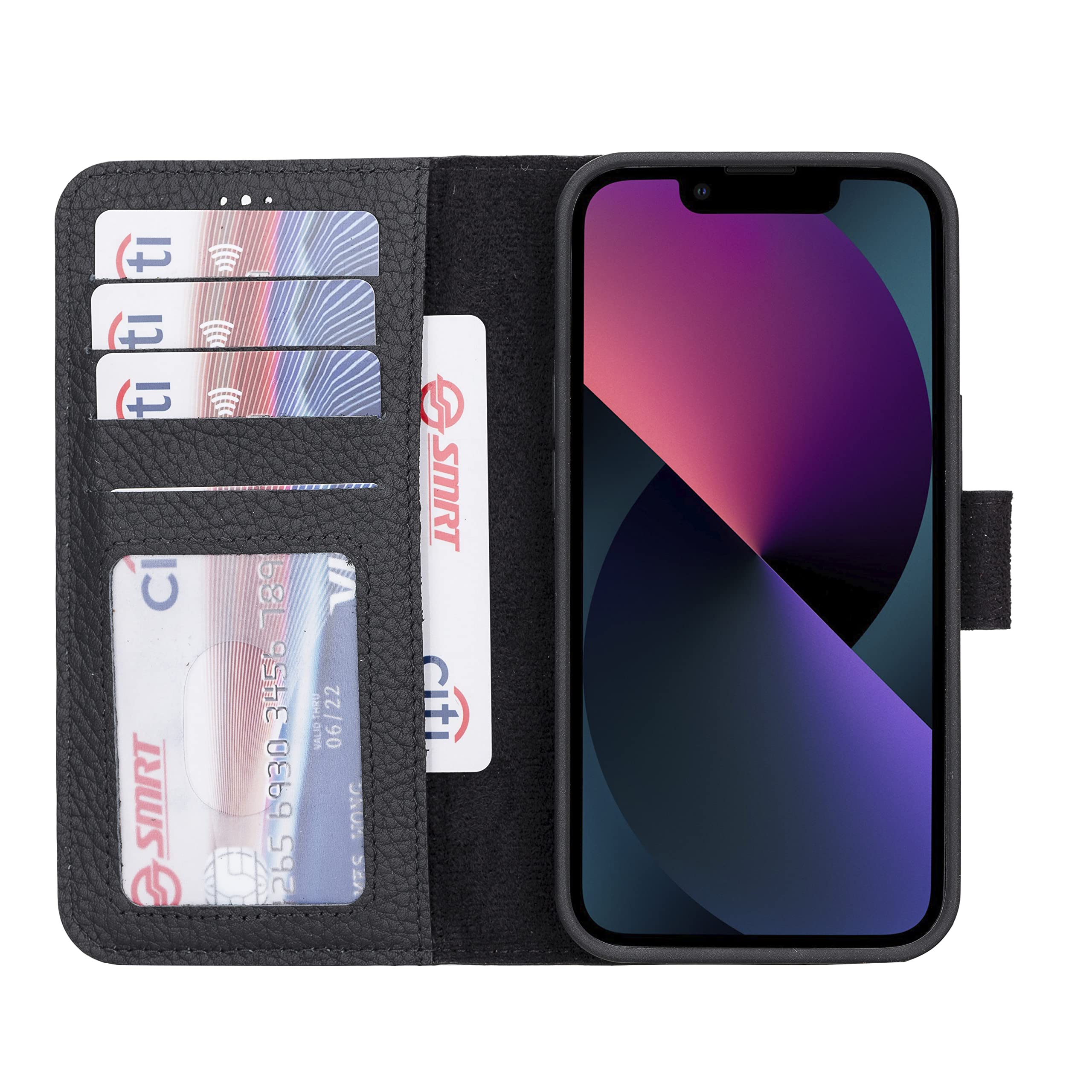 HARDISTON Genuine Leather Custom Wallet Case Compatible with iPhone 13 Detachable Strong Magnetic Flip Cover with Card Holders - Horizontal Kickstand