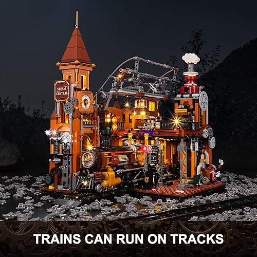 Miniatura 8 de FUNWHOLE Juego de ladrillos de construcción de iluminación - Juego de modelos de construcción de estación de tren y tren de mineral steampunk para