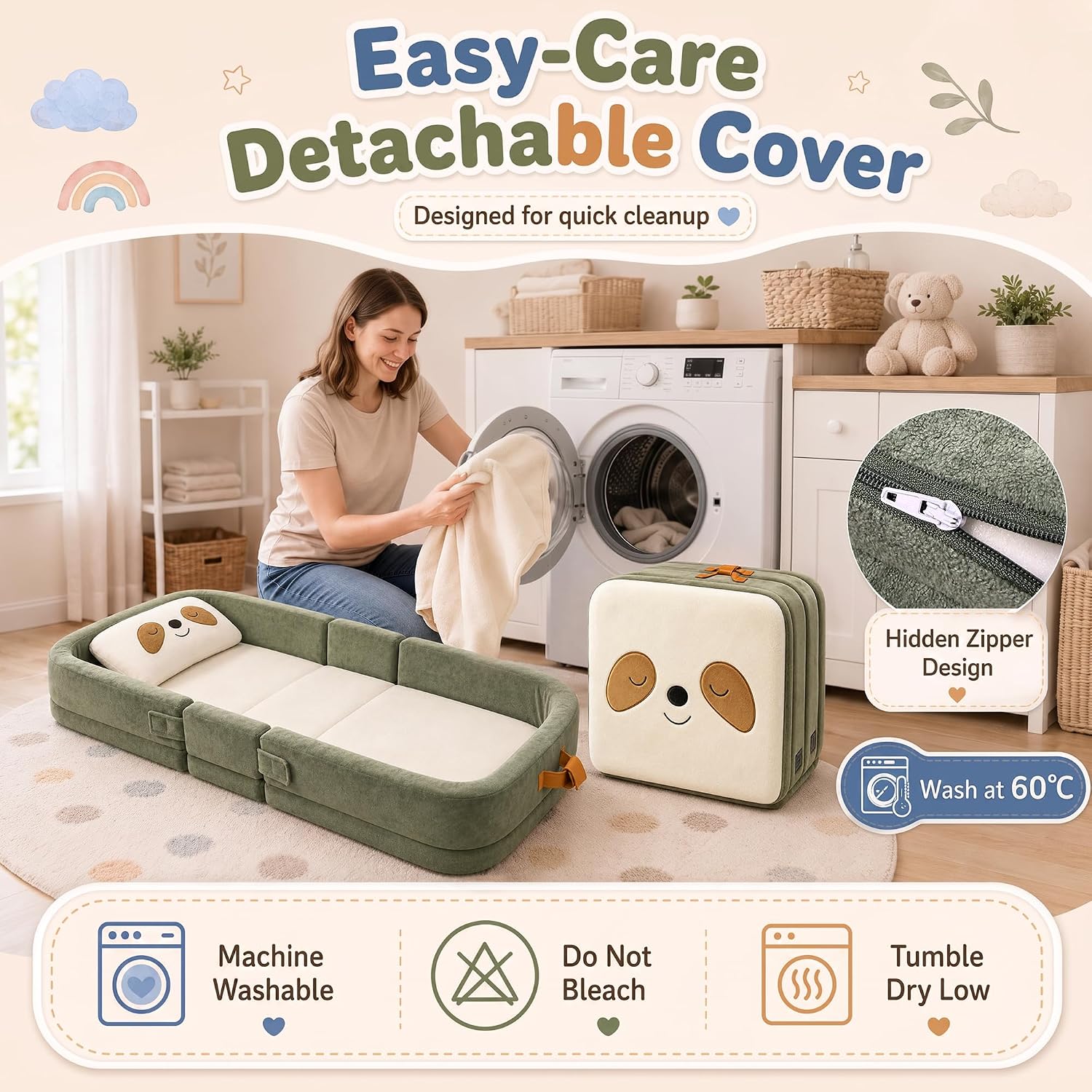 Sloth Toddler Travel Bed, Foldable Portable Floor Bed with Pillow