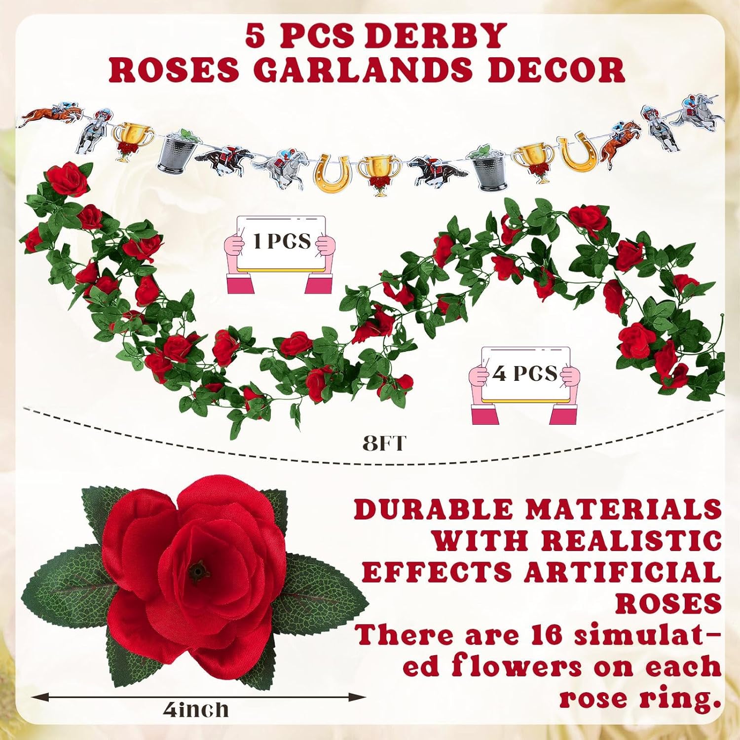 Riceshoot 5 Pack Horse Racing Decorations 32 ft Red Roses Garlands Derby Party Decorations 9.84 ft Horse Racing Banner Artificial Flowers Run for The Roses Garlands Craft Derby Day Party Supplies