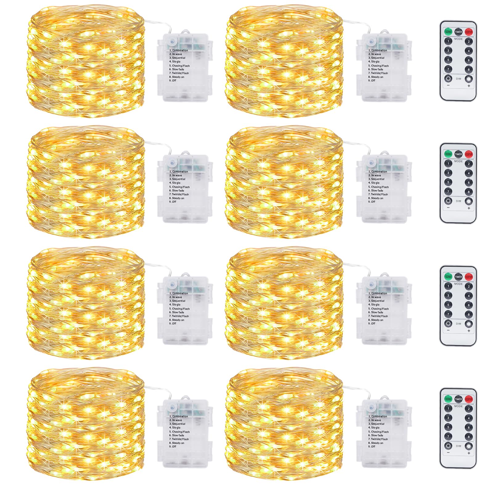 kolpop 8 Stück Lichterkette Batterie, 12M 120 LED 8 Modi Draht mit Fernbedienung und Timer Wasserdicht für Außen Innen Weihnachtsbaum Deko, Warmweiß