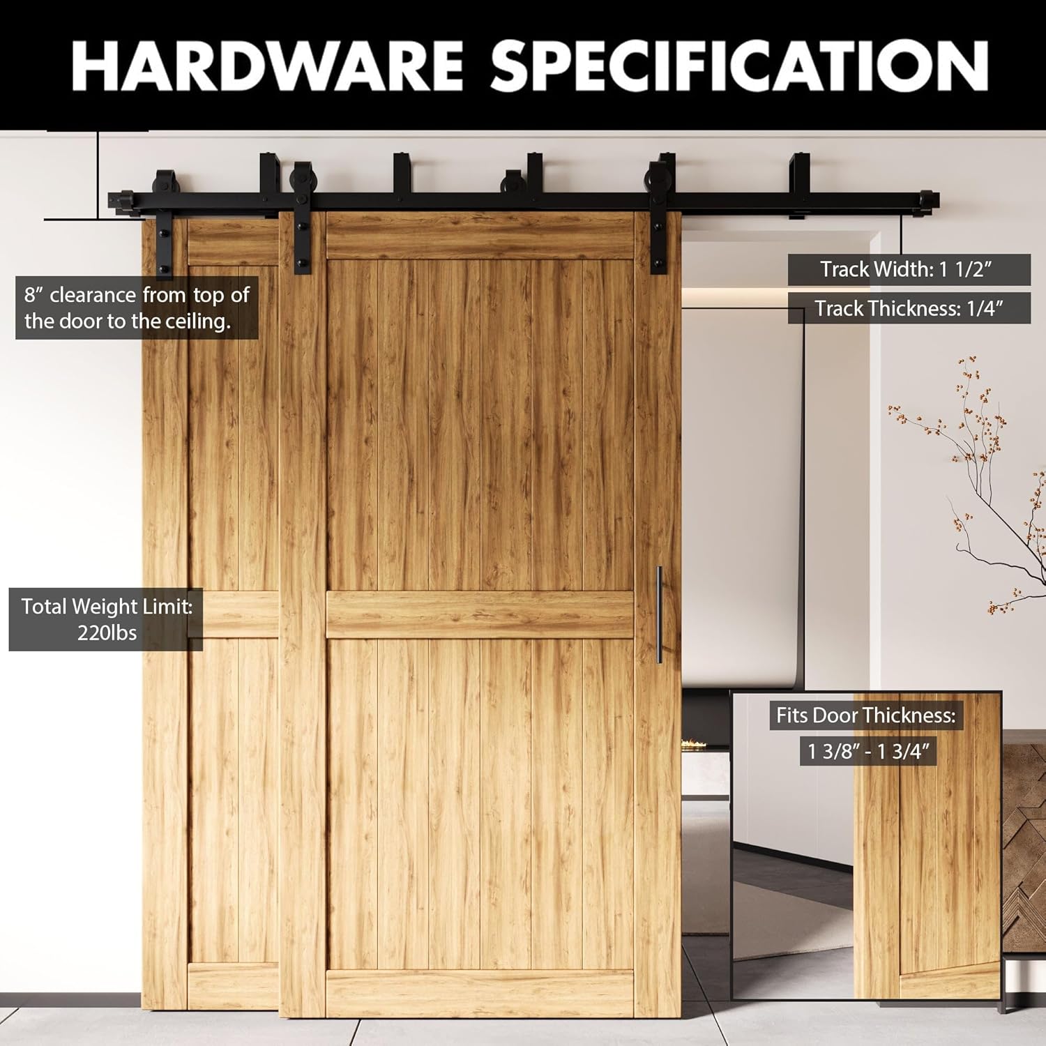 Homacer Black Rustic Double Track U-Shape Bypass Sliding Barn Door Hardware Kit, for Three Doors, 7.5ft Long Flat Track, Classic Design Roller （Doors Not Included）