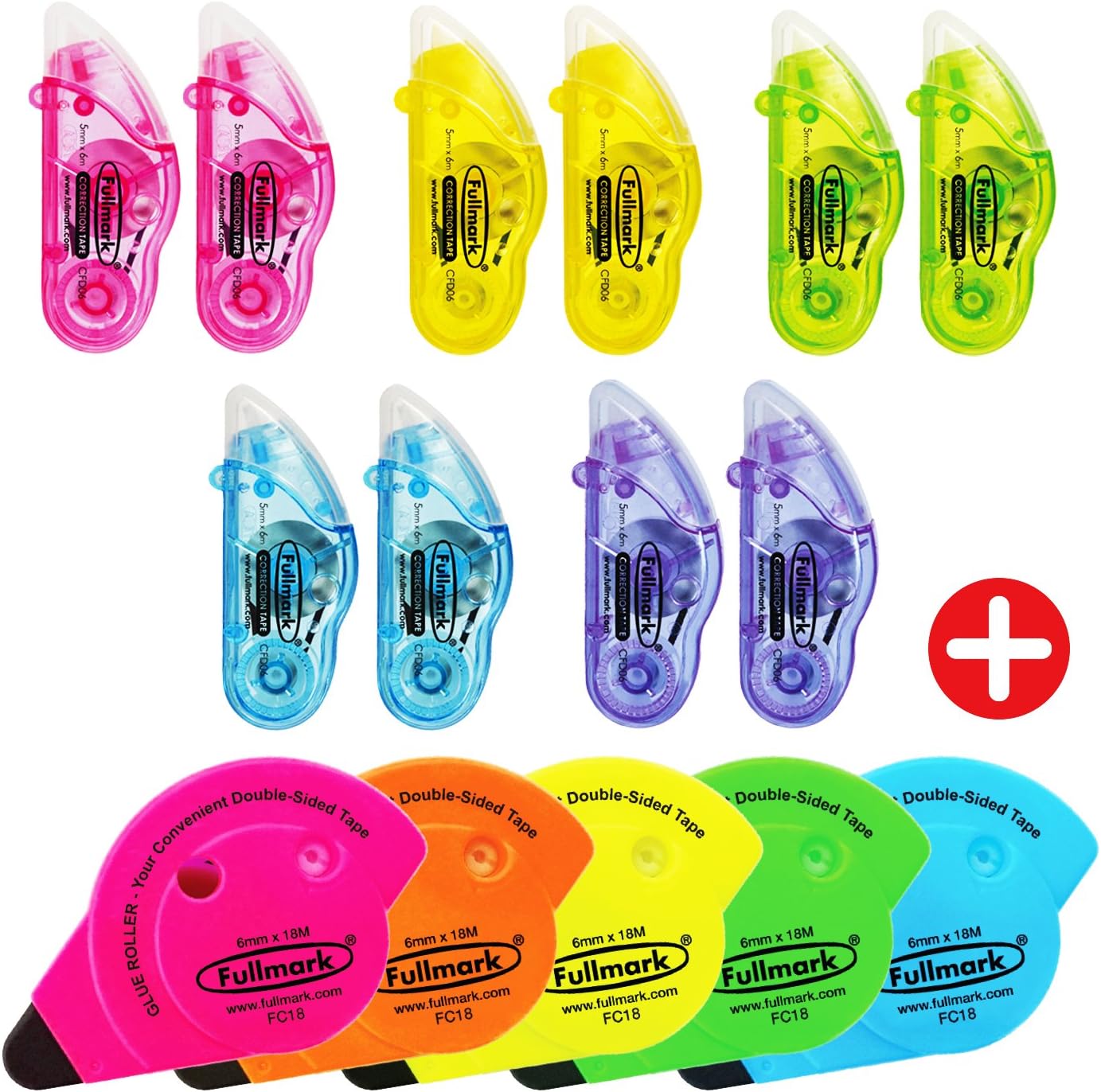 Fullmark Permanent Double Sided Glue Tape/Craft Adhesive Glue Roller Neon 5 pcs + Free Correction Tape D 10 pcs