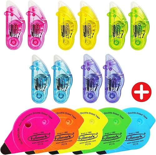 Fullmark Cinta adhesiva permanente de doble cara, rodillo de pegamento adhesivo para manualidades, 5 unidades + cinta correctora gratis D, 10