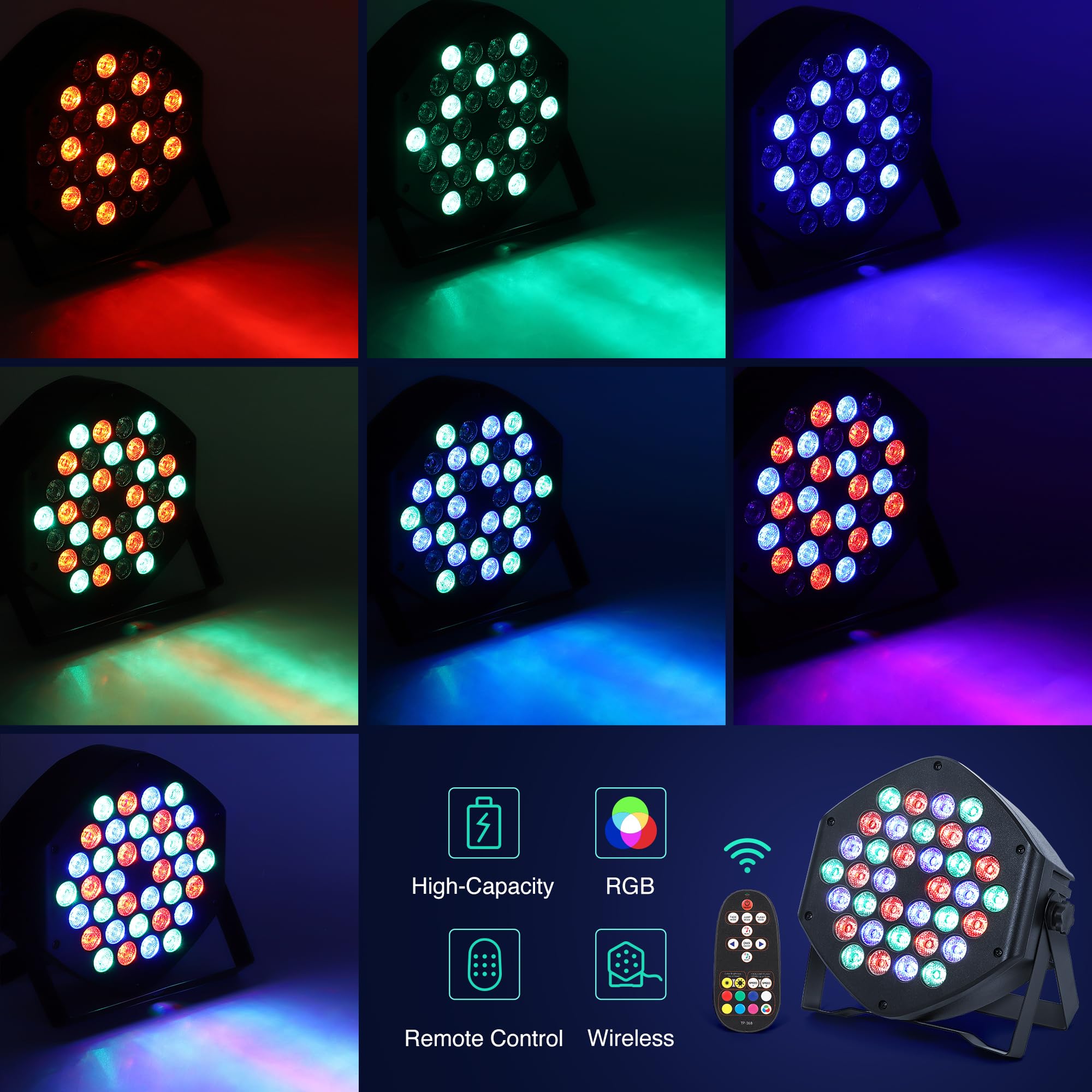 Rechargeable Par Lights 36 RGB Stage Lights, Wireless Dj Uplights Battery Powered Uplighting Sound Activated DMX Control for Wedding Dj Disco Show(2 Pack)