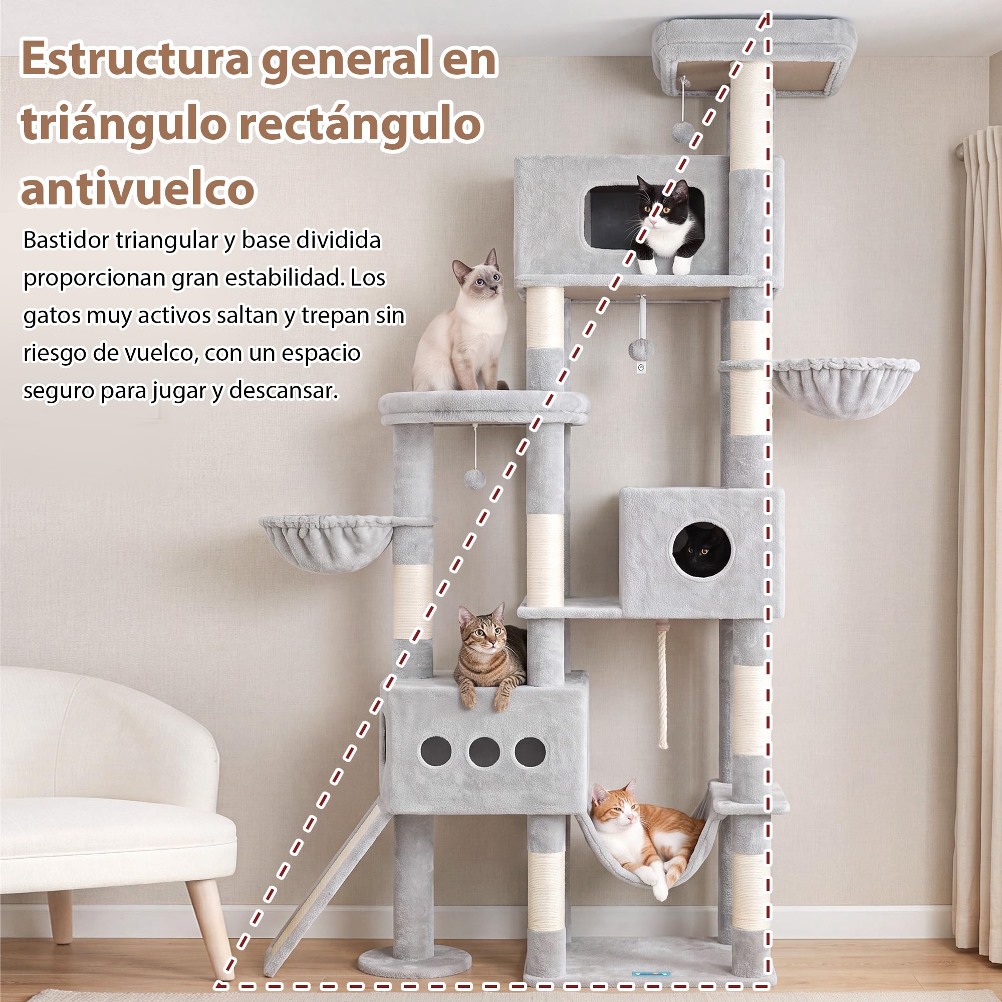 Gitelsnour Árbol para Gatos XXL 225 cm – Árbol Estable para Gatos Grandes, 3 Nidos, 2 Cestas Colgantes, Hamaca, Tabla Rascadora, 2 Plataformas de Observación, Base Estable, Gris Claro GCT808W