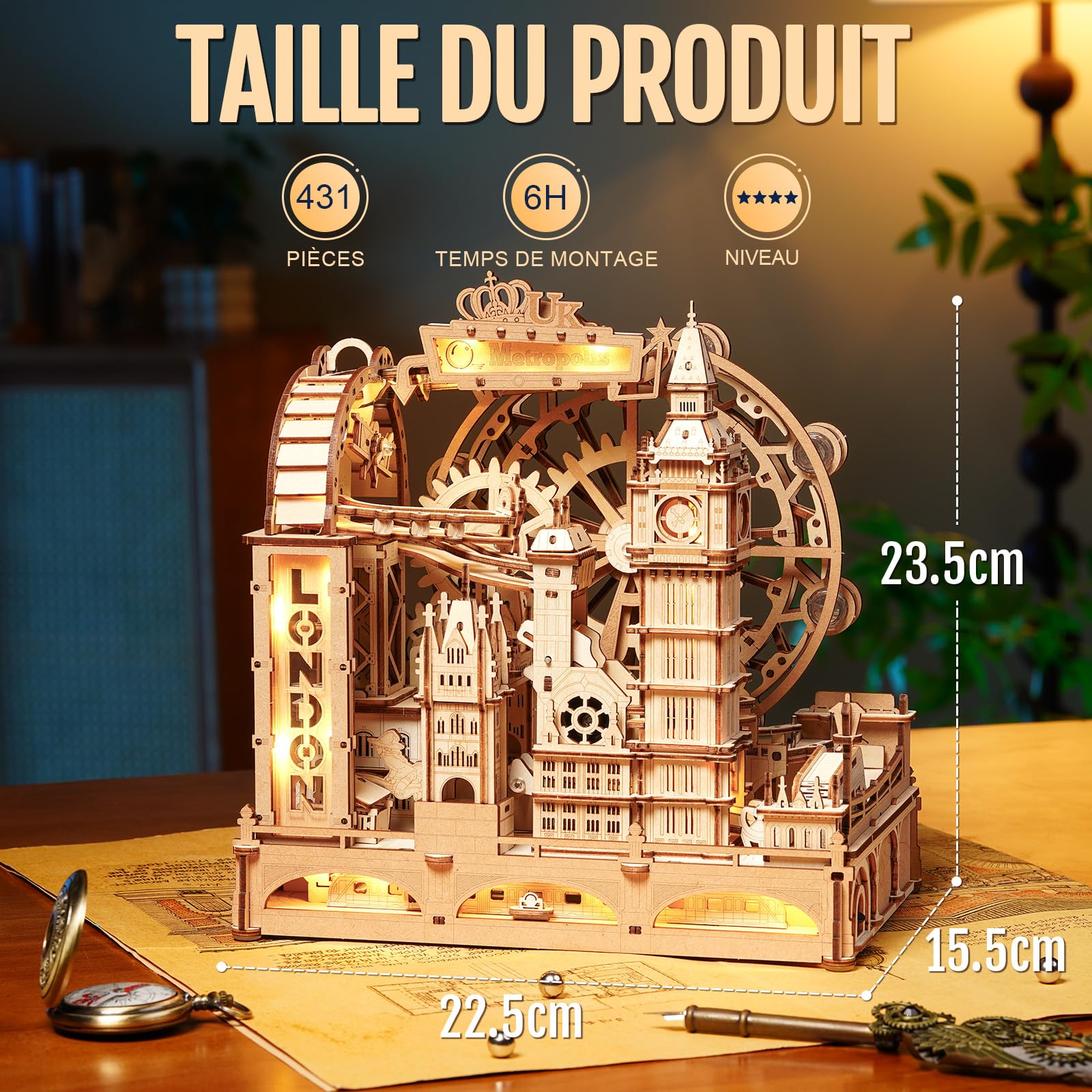 ROKR Marble Travel London – Puzzle Circuit à Billes 3D en Bois, Kit STEM pour Adolescents & Adultes, Maquette Interactive des Monuments de Londres avec Affichage Lumineux