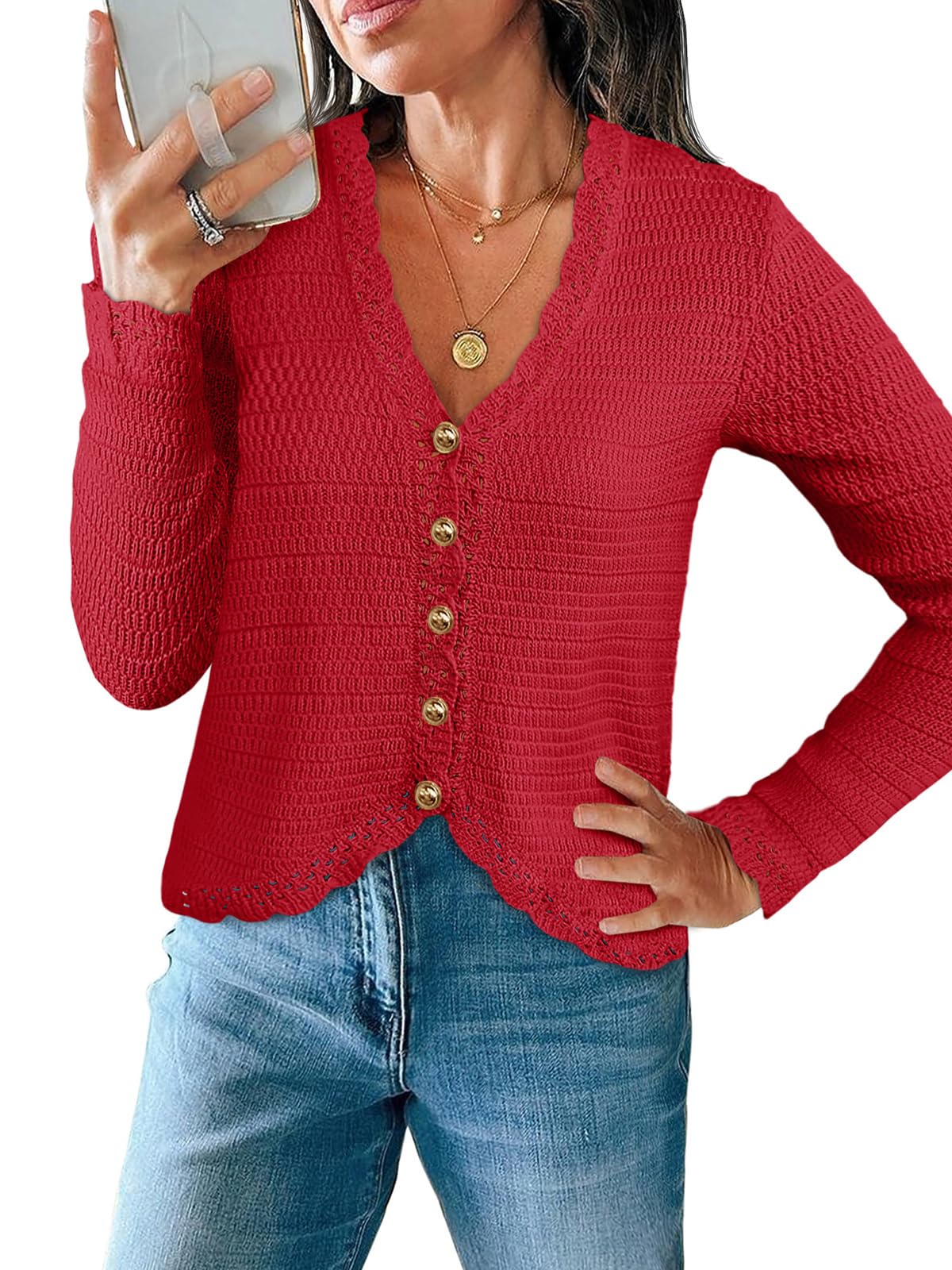 Womens V Neck Cardigan Sweaters Button Up Cropped Boho Knit Long Sleeve Loose Trendy Sweater Tops-image-9