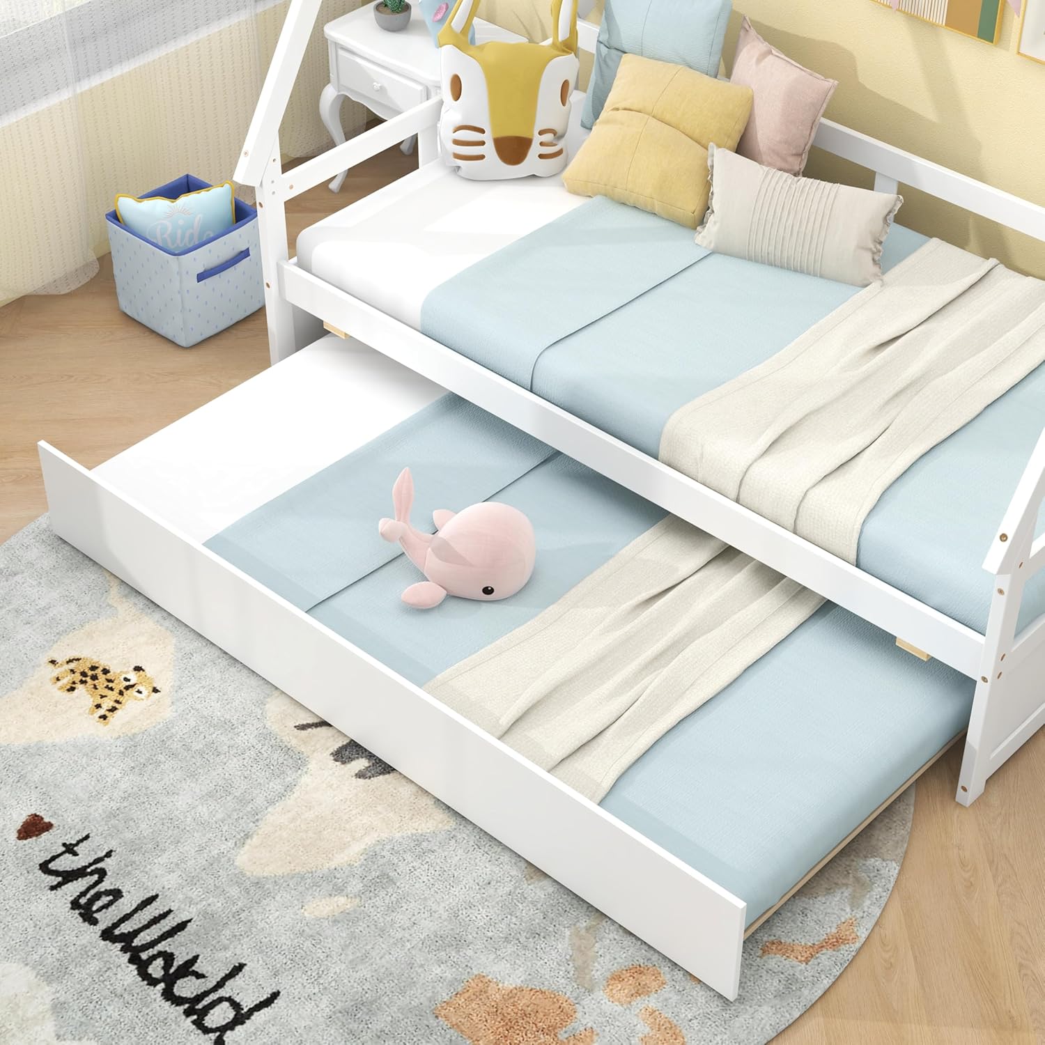 Giantex Twin House Bed with Trundle, Wood Montessori Tent Bed Frame with Safety Guardrail, Low Teepee Beds with Wood Slat Support for Boys Girls Teens, No Box Spring Needed, White