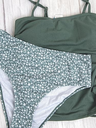 Miniatura 5 de CUPSHE Conjunto de tankini de dos piezas para mujer, traje de baño fruncido con cordón y cintura alta en la parte inferior acanalada