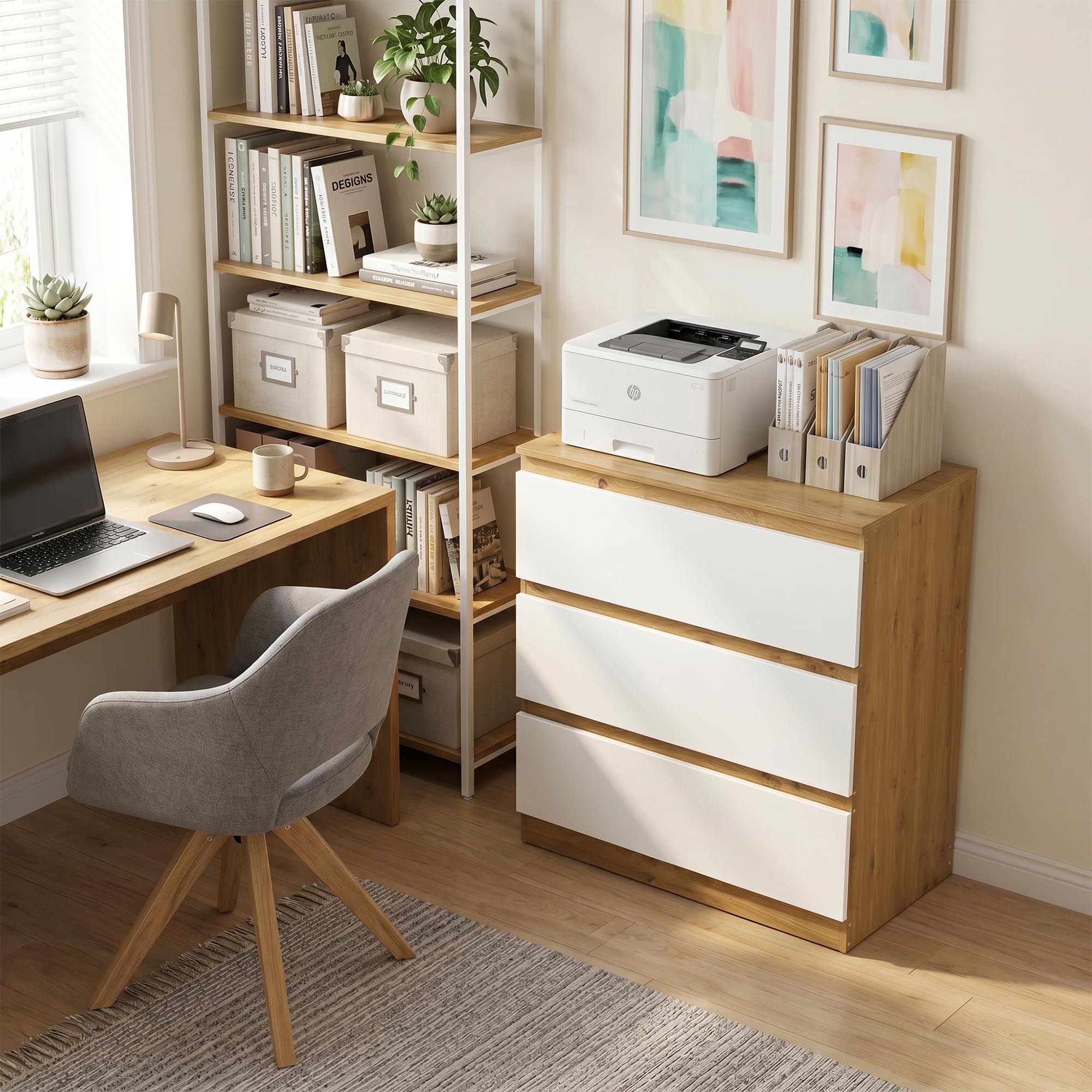 Cajonera Dormitorio, Comoda con 3 Cajones, 70 cm Ancho, Moderno Mueble Cajonera para Salón, Dormitorio, Habitación De Los Niños, Oficina, Blanco/Roble, 70×40×75 cm
