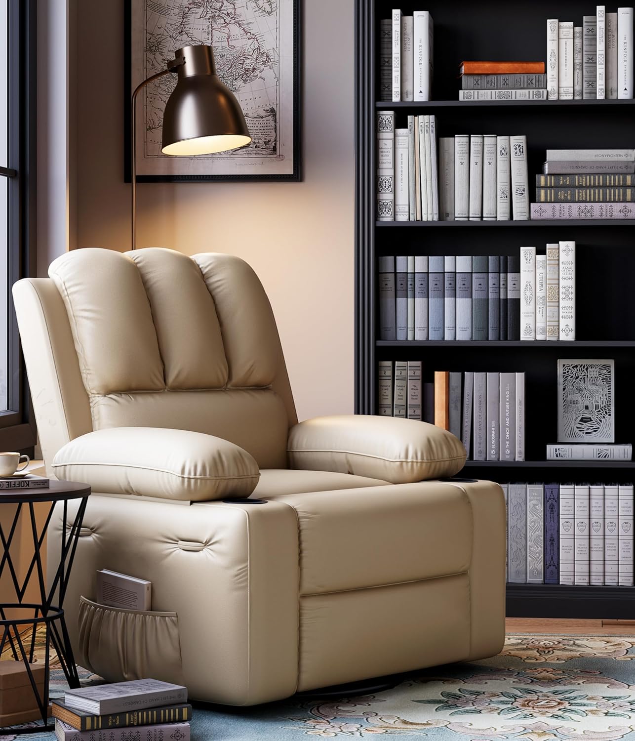 27'' Oversized Manual Recliner Chair for Adults, PU Leather Recliner with Cup Holders and Side Pockets, Ergonomic Design for Nursery, Living Room, Bedroom, and Home Theater Creamy