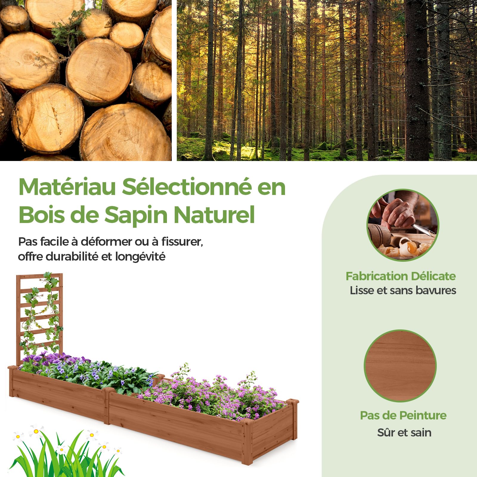 GOPLUS Carre Potager avec Treillis, 235x63x102 CM, Jardinière en Bois avec Fond Ouvert pour Fleur, Légume, Herbe Grimpante, Bac à Plantes, Assemblage DIY, Potager Exterieur pour Jardin, Patio, Balcon