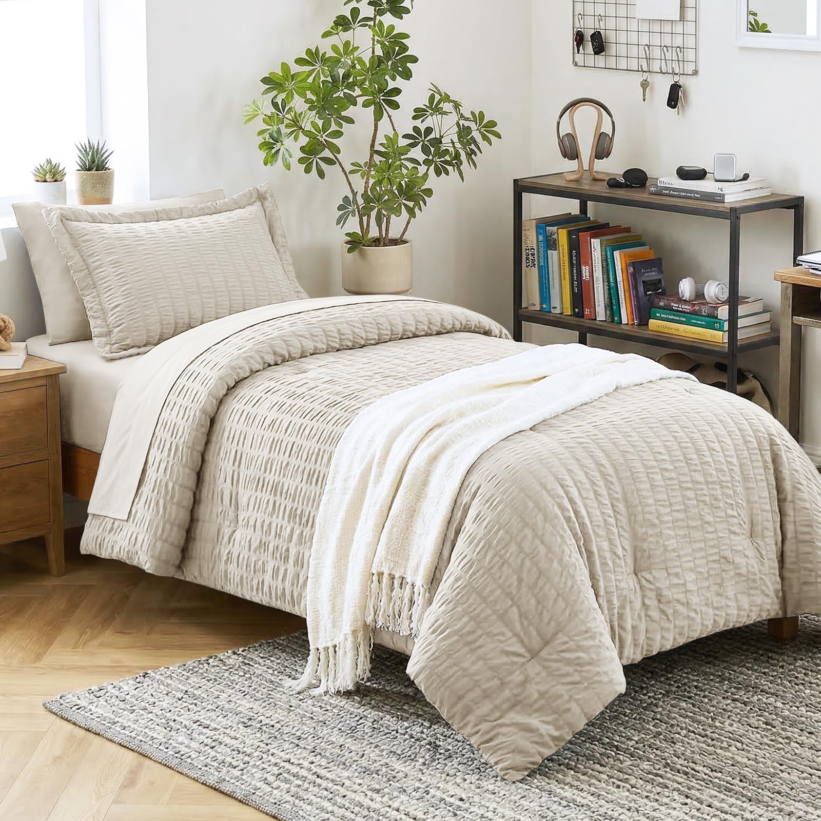 CozyLux Twin XL Comforter Set with Sheets Seersucker Beige 5 Pieces Bed in a Bag, Twin Extra Long Luxury Soft Bedding Sets for College Dorm with Down Alternative Comforter, Sheets, Pillowcase & Sham