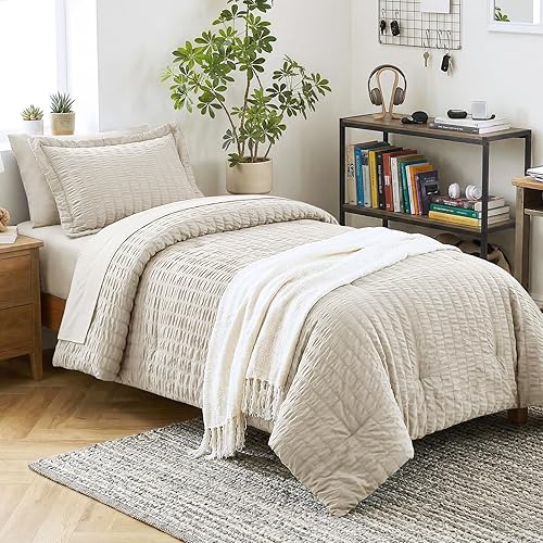 Miniatura 73 de CozyLux - Juego de edredón doble con sábanas de 5 piezas, color blanco con textura de sirsaca en una bolsa para niñas, juego de ropa de cama de lujo