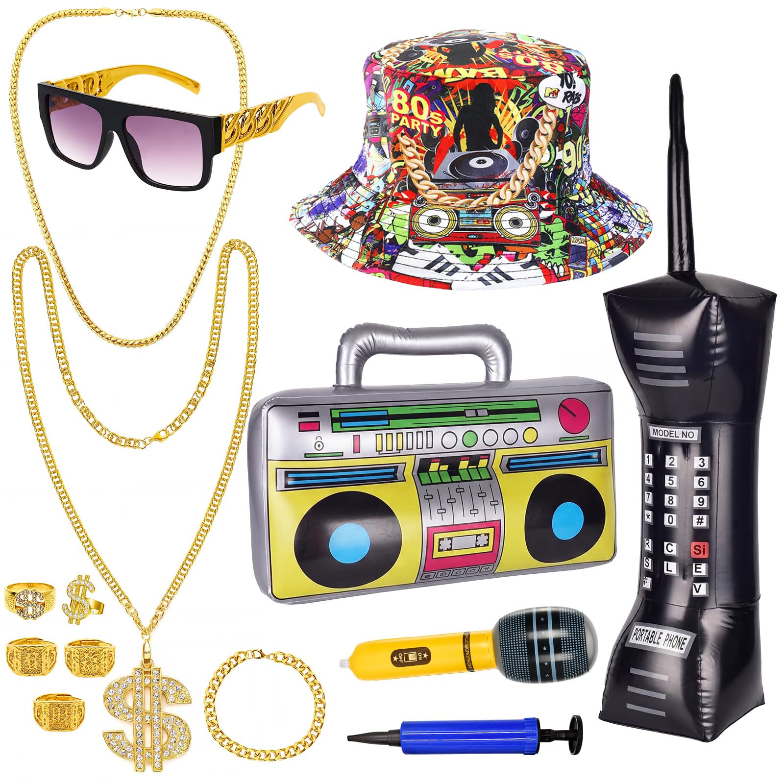Iyxeo 13pcs Hip Hop Costume Kit – Gold Chain, Dollar Sign Necklace, Rings & Sunglasses for 90s Fancy Dress, Rapper & &Bucket Hat, Retro Sunglasses & Air PumpHip Hop Party Outfits