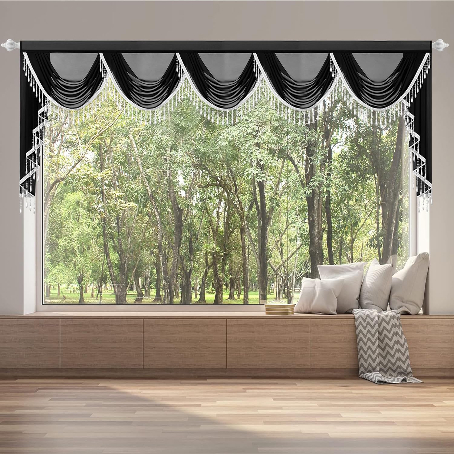 VOGOL Black Voile Swag Valance for Windows, Extra Wide, 350×56ccm 1 Panel