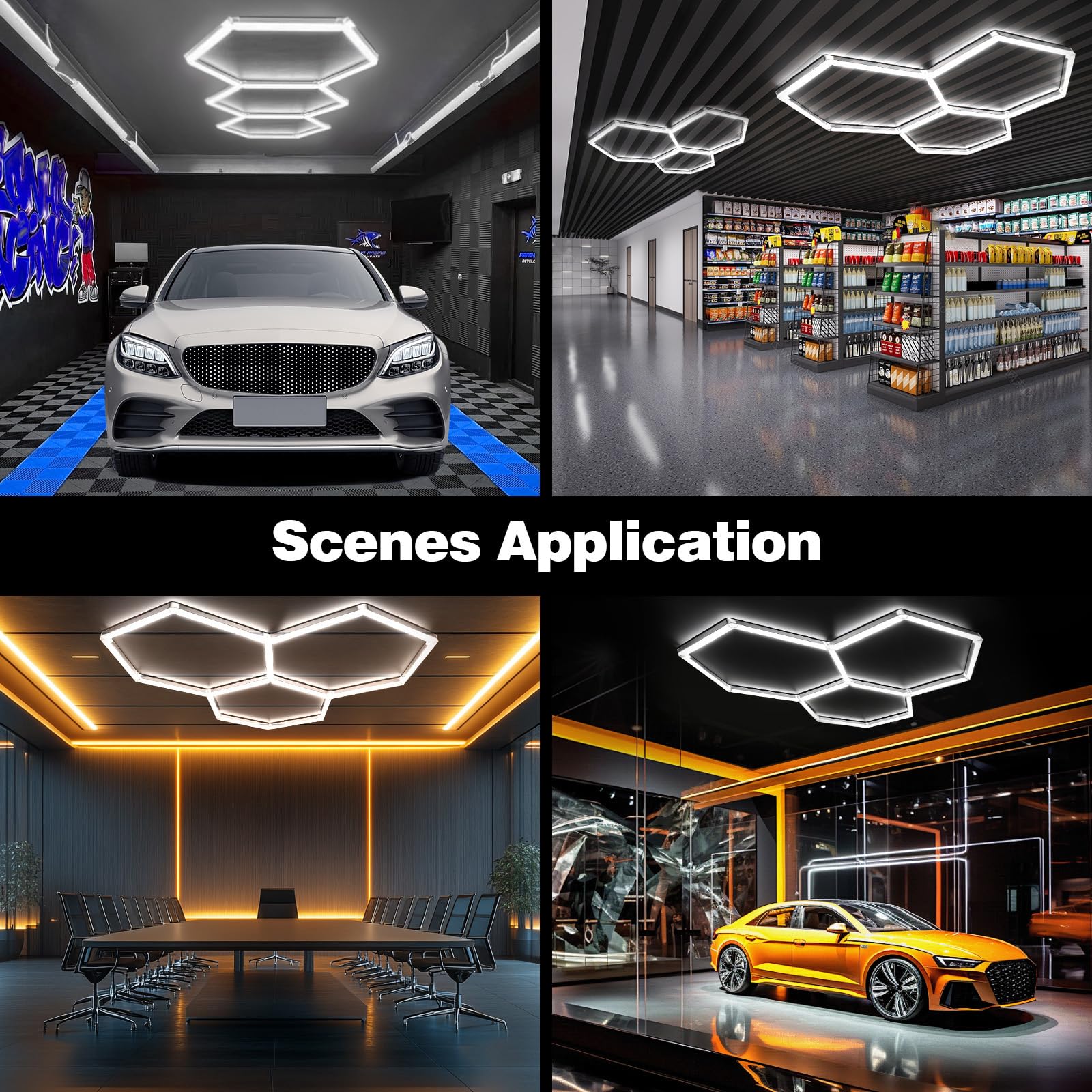 Plafoniera LED esagonale,3 Hexs Illuminazione per garage Illuminazione per officina LED, luci tubolari collegabili 6500K per salone auto, autolavaggio, officina, magazzino, seminterrato, esposizione