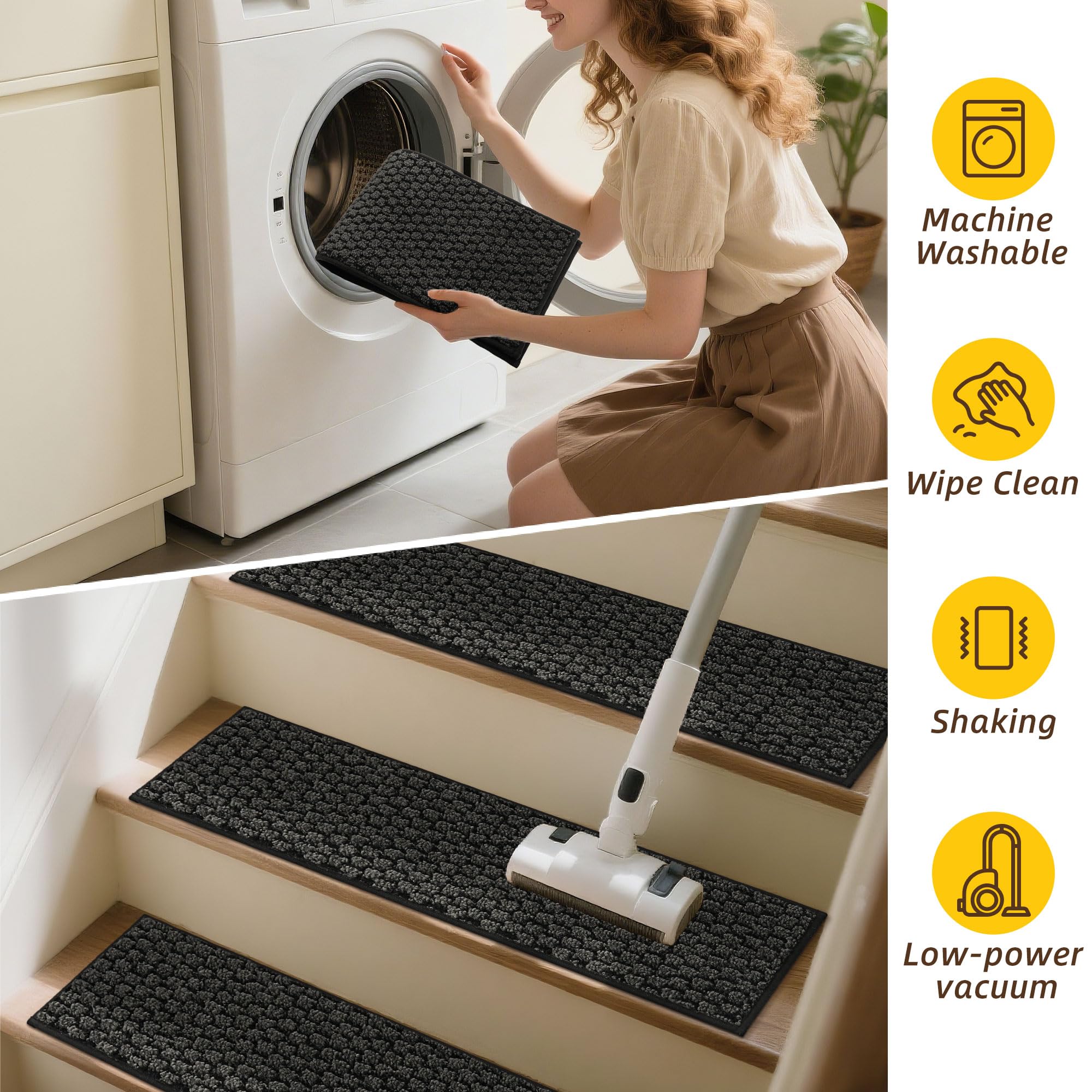JSEI Stair Treads for Wooden Steps, 14 Pack 9" X 28" Non-Slip Machine Washable Carpet Stair Treads with TPE Backing, Soft Indoor Stair Rug Runner for Kids Elders & Pets, 100% Polyester, Beige — view 34